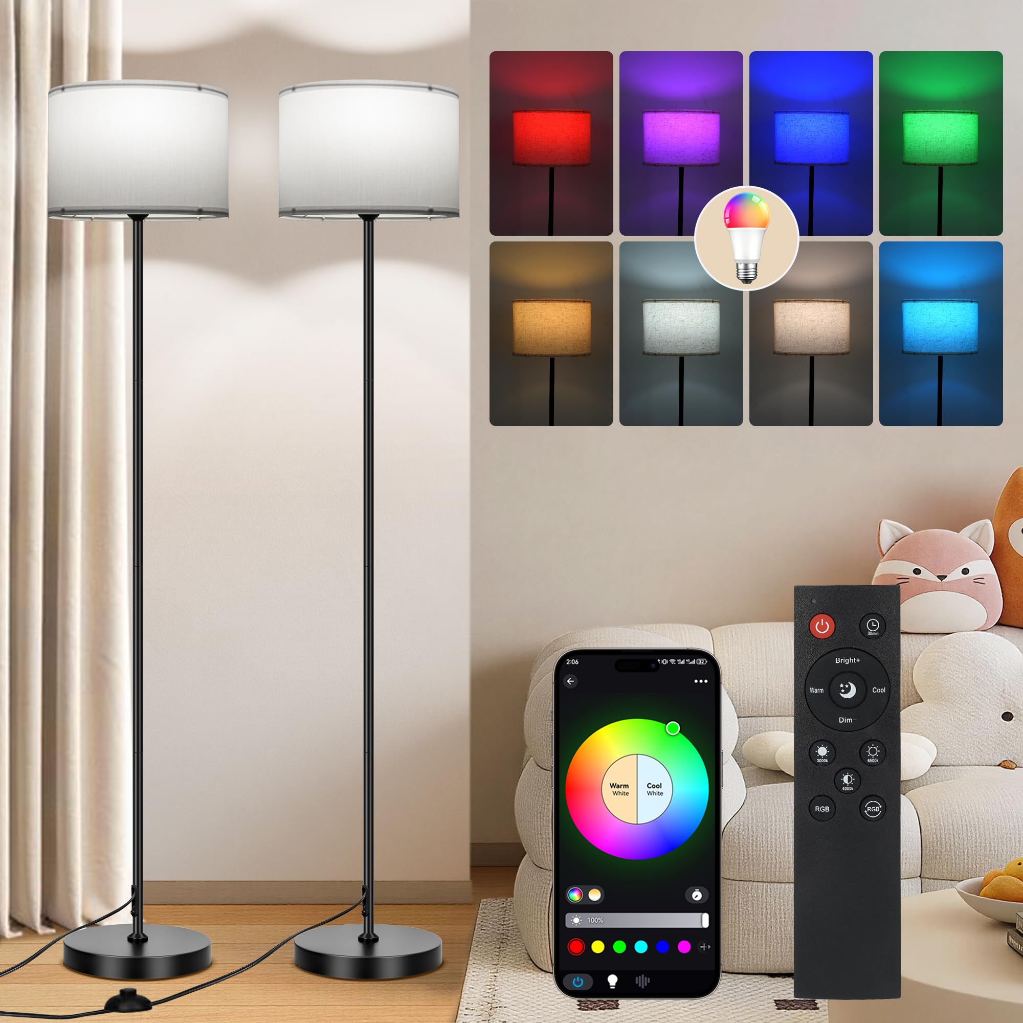 FRIDEKO HOME Dimmable Floor Lamp β Color Changing Standard Lamps with Music Sync Modern Tall Lamp with App & Remote Control Standing Lights for Living Room Bedroom Gaming,White Lampshade,2 Pack