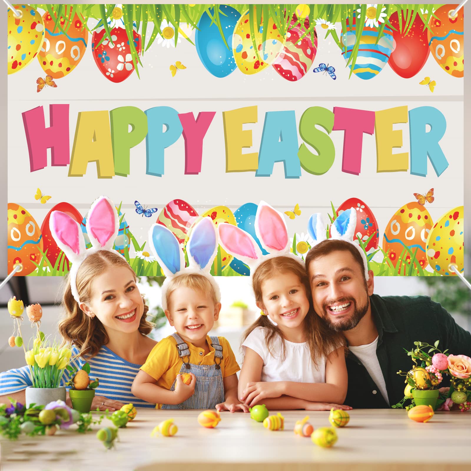 Happy Easter Hintergrund-Banner – Osterdeko Für Party Innen & Draußen – Mit Kaninchen-Motiv