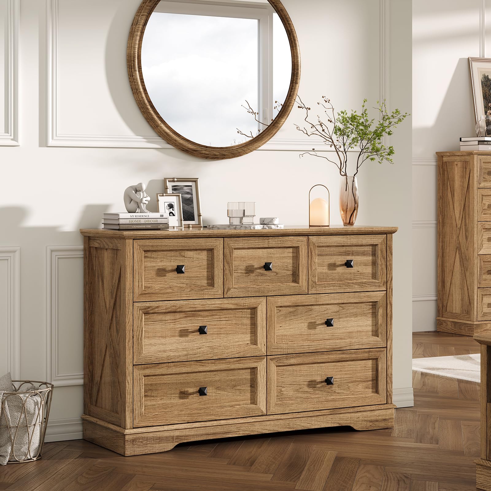 Farmhouse 7 Drawers Dresser for Bedroom with Charging Station, Rustic 7 Chest of Drawers, Wood Dressers for Closet, Modern Storage Organizer Cabinet