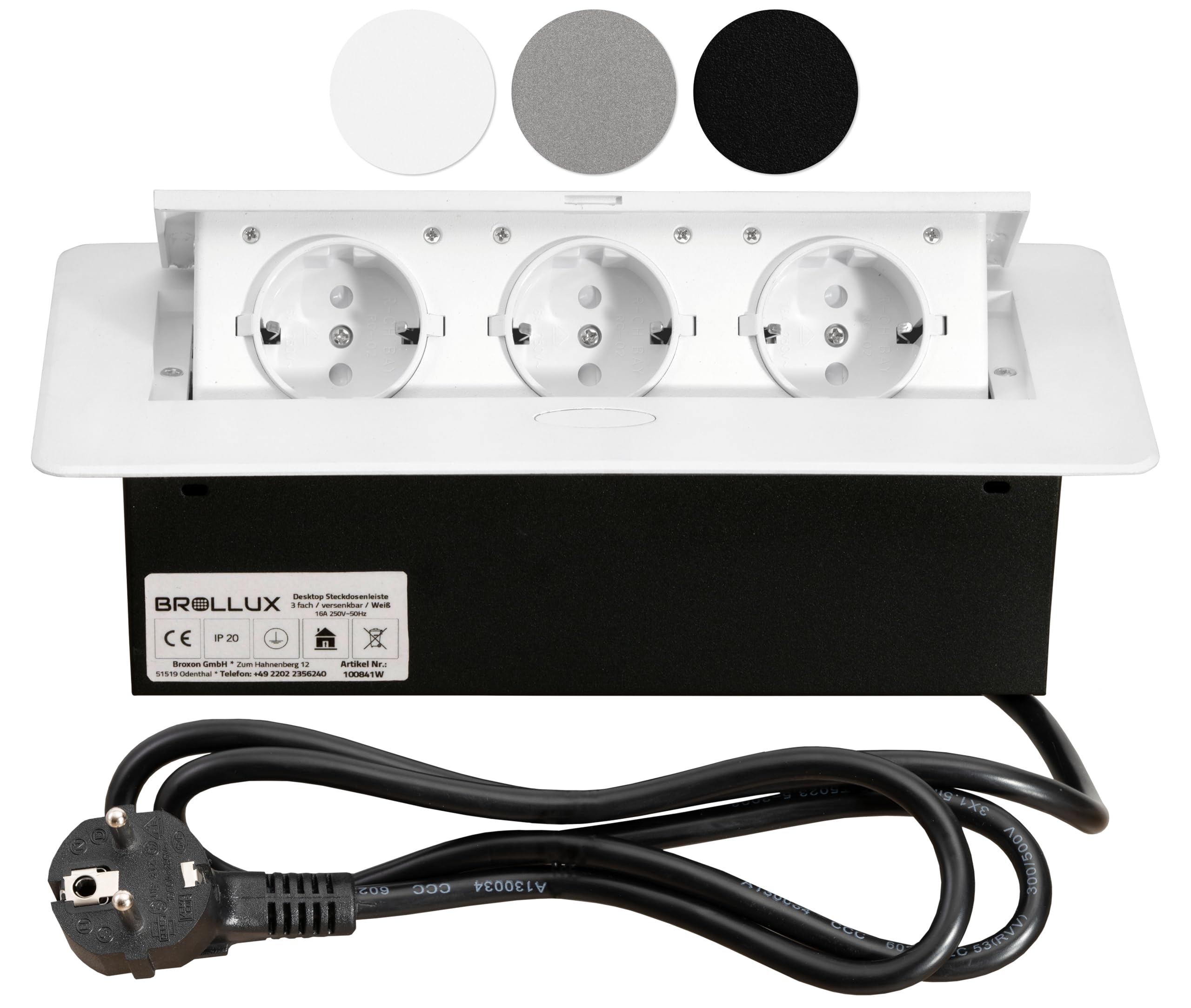 BrolluxRecessed Socket Retractable 3-Way White with Soft Opening Aluminium Moulded Cast Iron with 1.5 m Connection Cable Socket Furniture