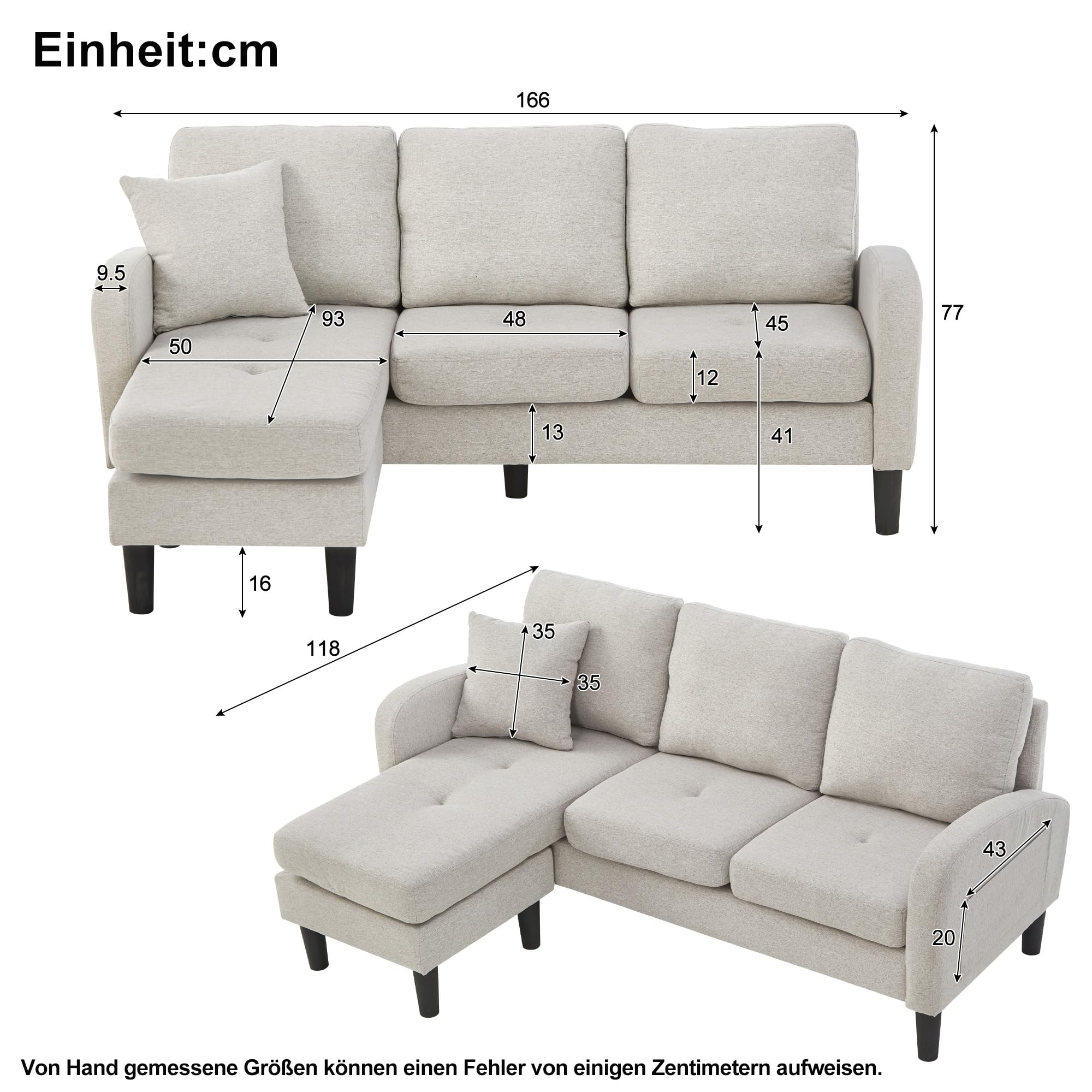 Sofá esquinero modular en forma de L, sofá cama pequeño de 3 plazas con chaise longue y reposapiés, sofá para apartamentos pequeños, gris (Beige Gray+White, 3 plazas)