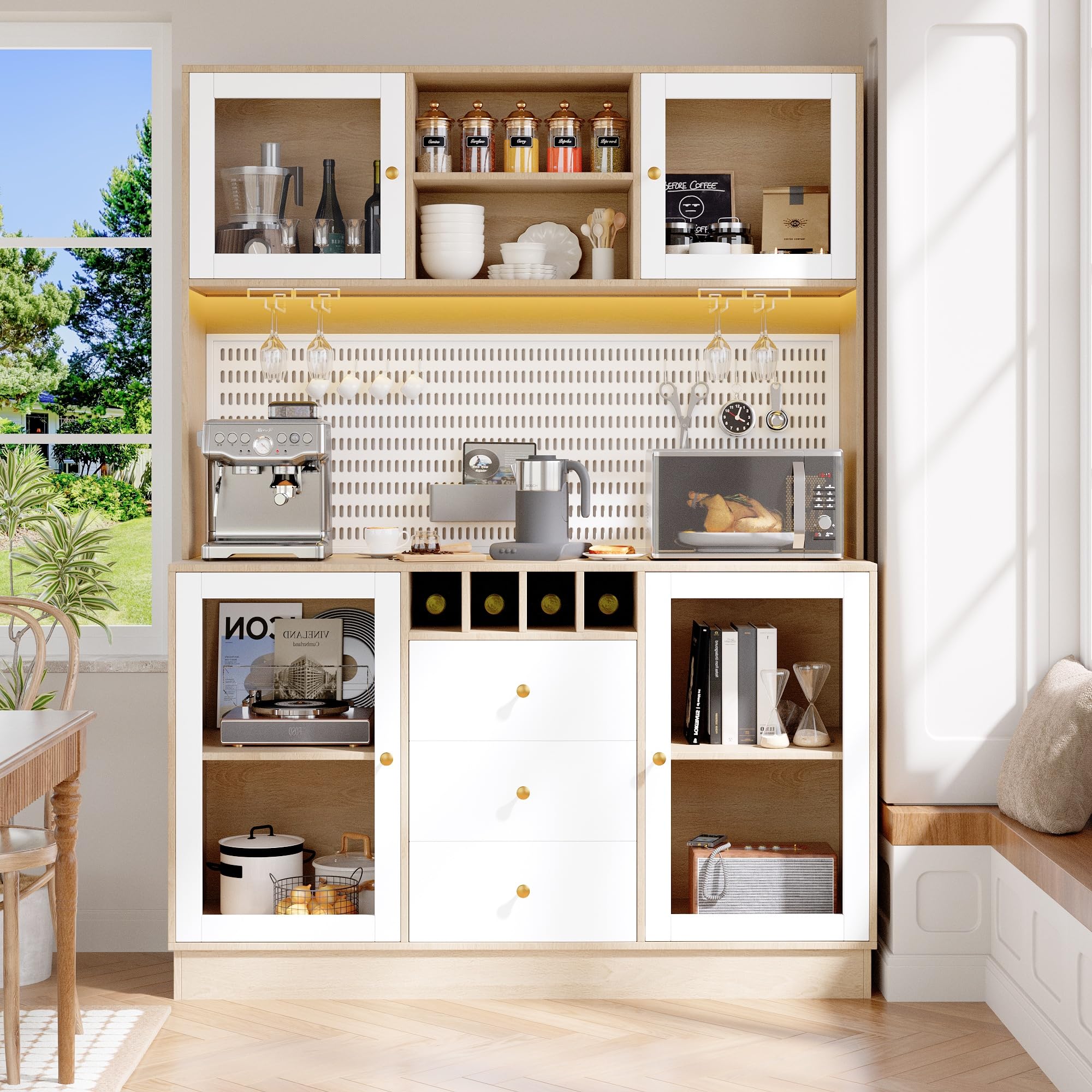 REXO Armadio alto moderno con illuminazione a LED intelligente, armadietto da cucina, armadietto laterale con portabottiglie e protezione antiribaltamento, ripiani da incasso regolabili, bianco