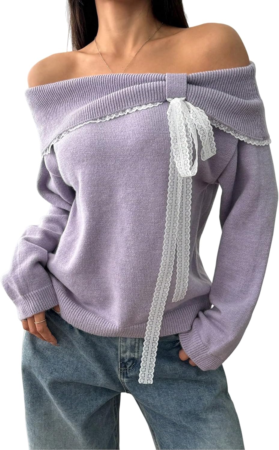 Off The Shoulder Sweater for Women Cute Long Sleeve Sexy Lace Bow Tie Knit Cropped Pullover Sweater