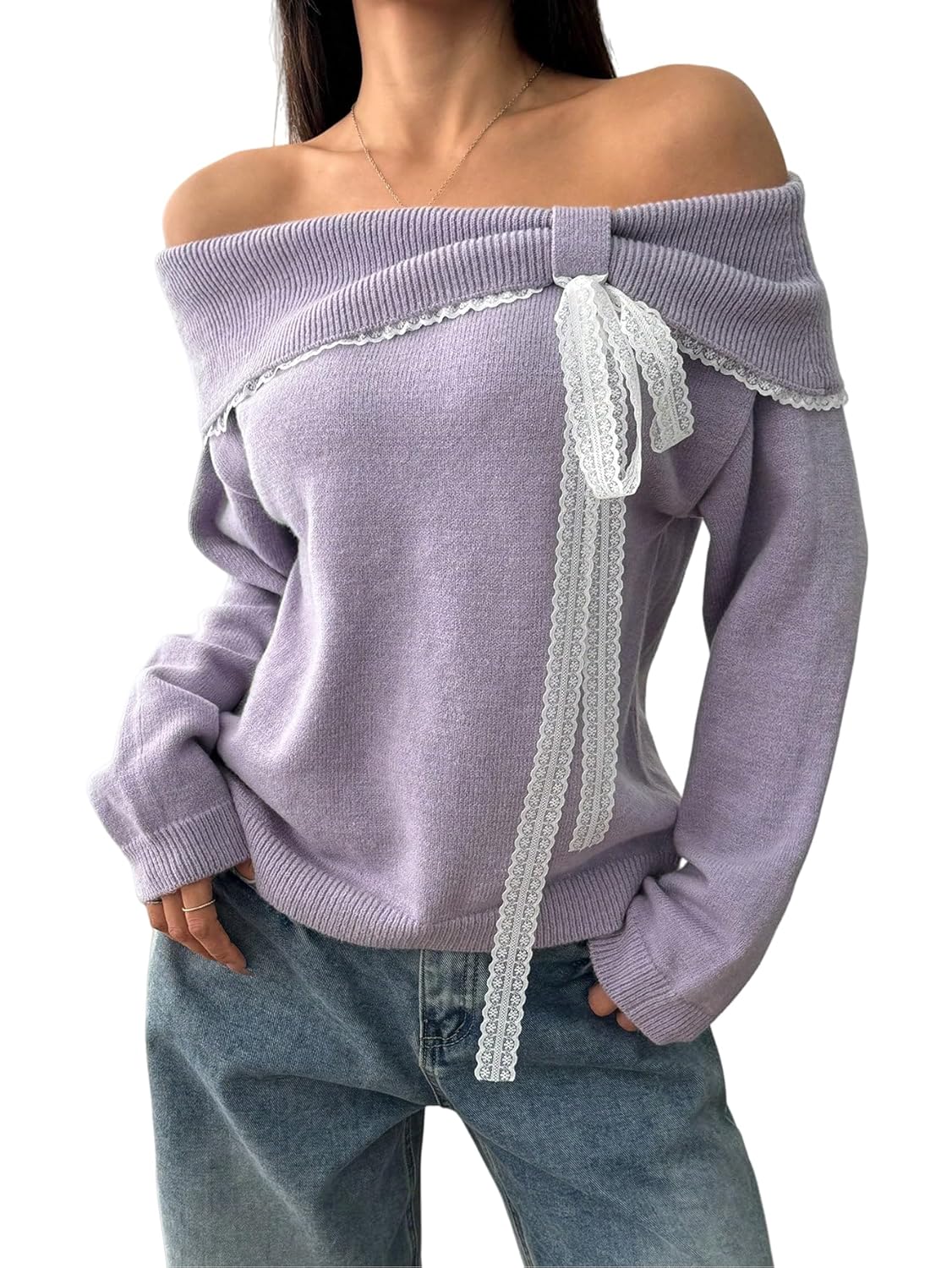Off The Shoulder Sweater for Women Cute Long Sleeve Sexy Lace Bow Tie Knit Cropped Pullover Sweater