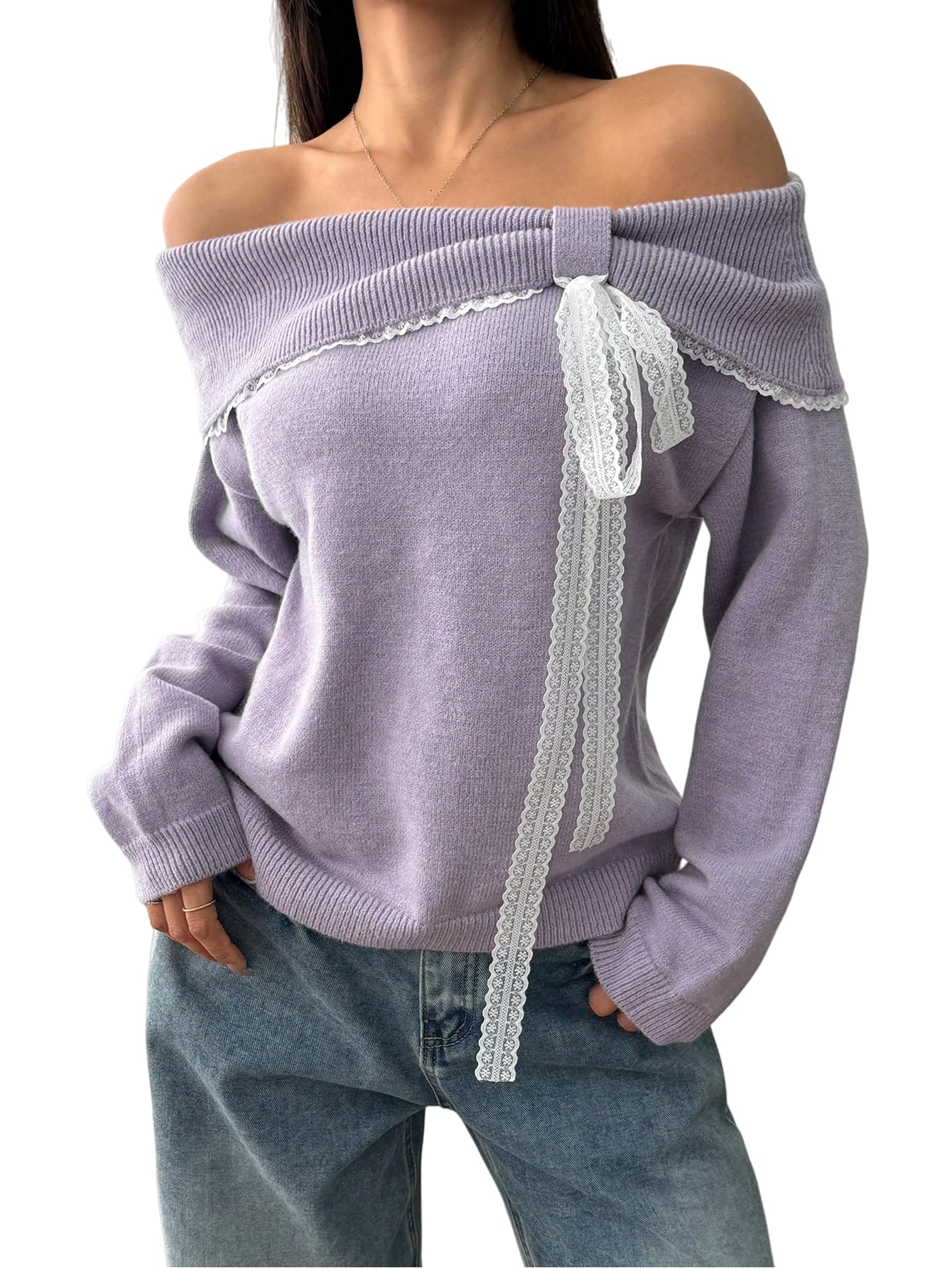 Off The Shoulder Sweater for Women Cute Long Sleeve Sexy Lace Bow Tie Knit Cropped Pullover Sweater