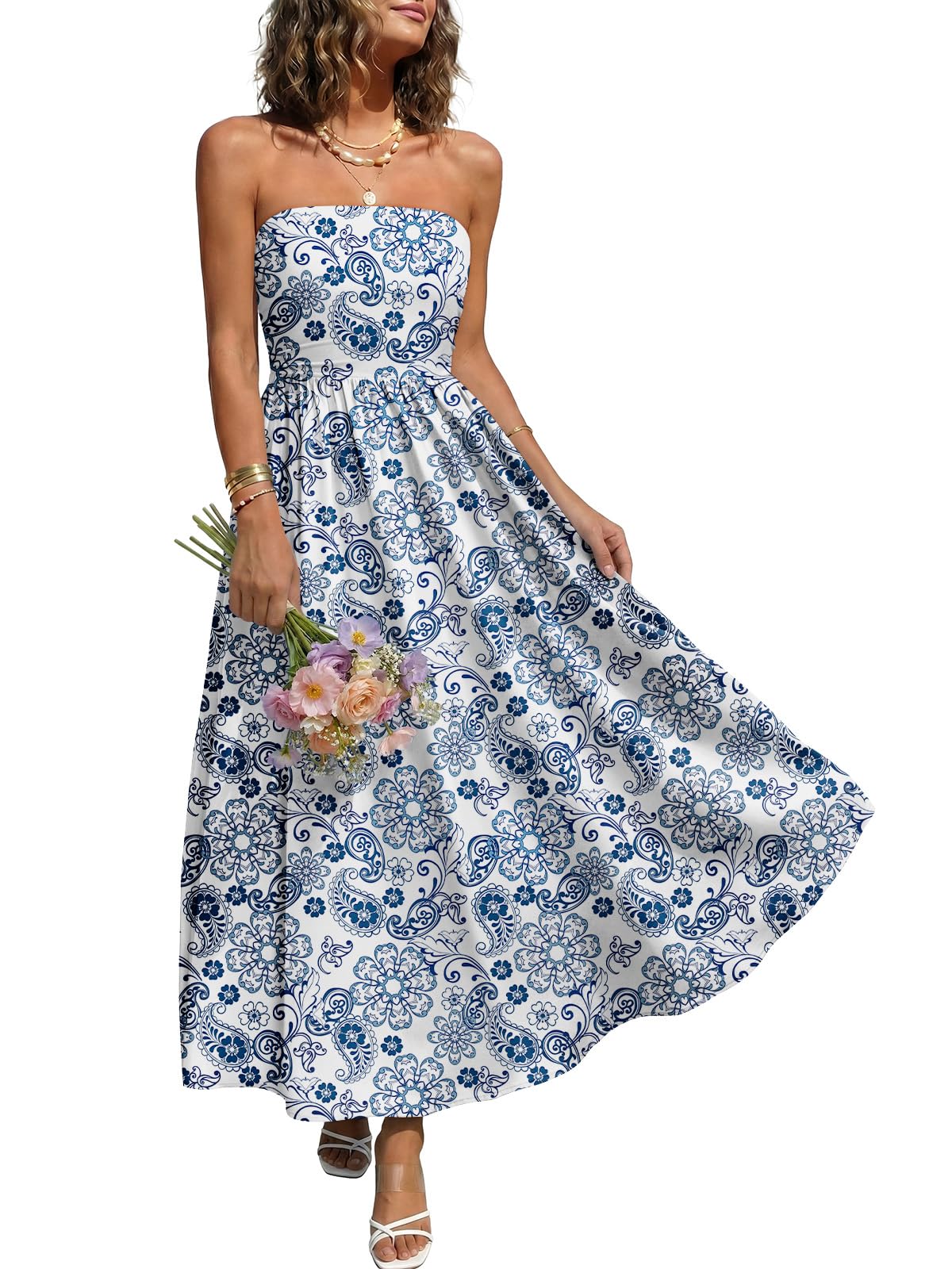 LILLUSORY Womens Floral Maxi Dress Smocked Flowy Sundress with Pockets