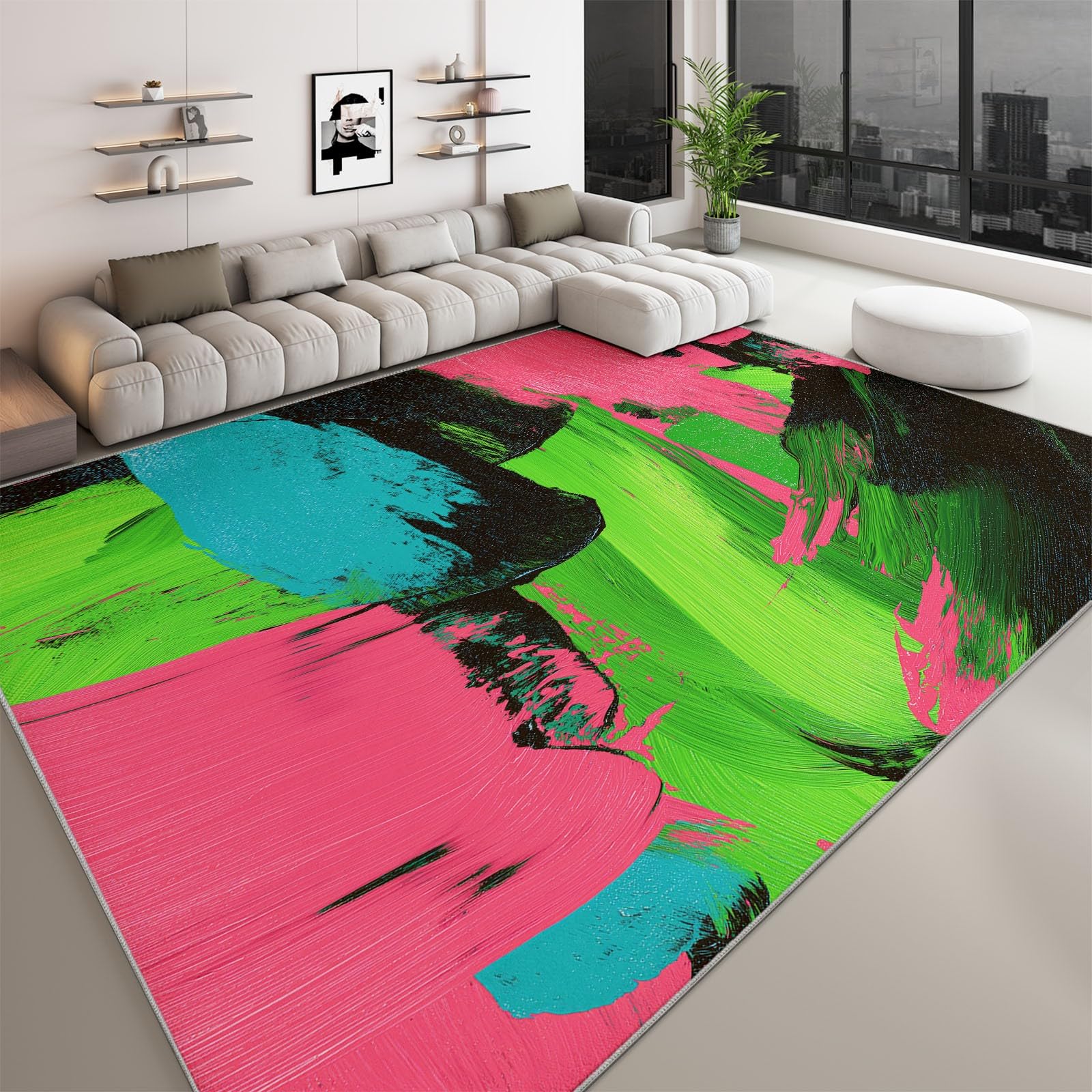 Générique Dywan do salonu 160 x 230 cm sztuka abstrakcyjna, nowoczesny dywan z nadrukiem neonowym w kolorowe klocki miękkie i lekkie paski do jadalni sypialni korytarza biura - antypoślizgowy dywan