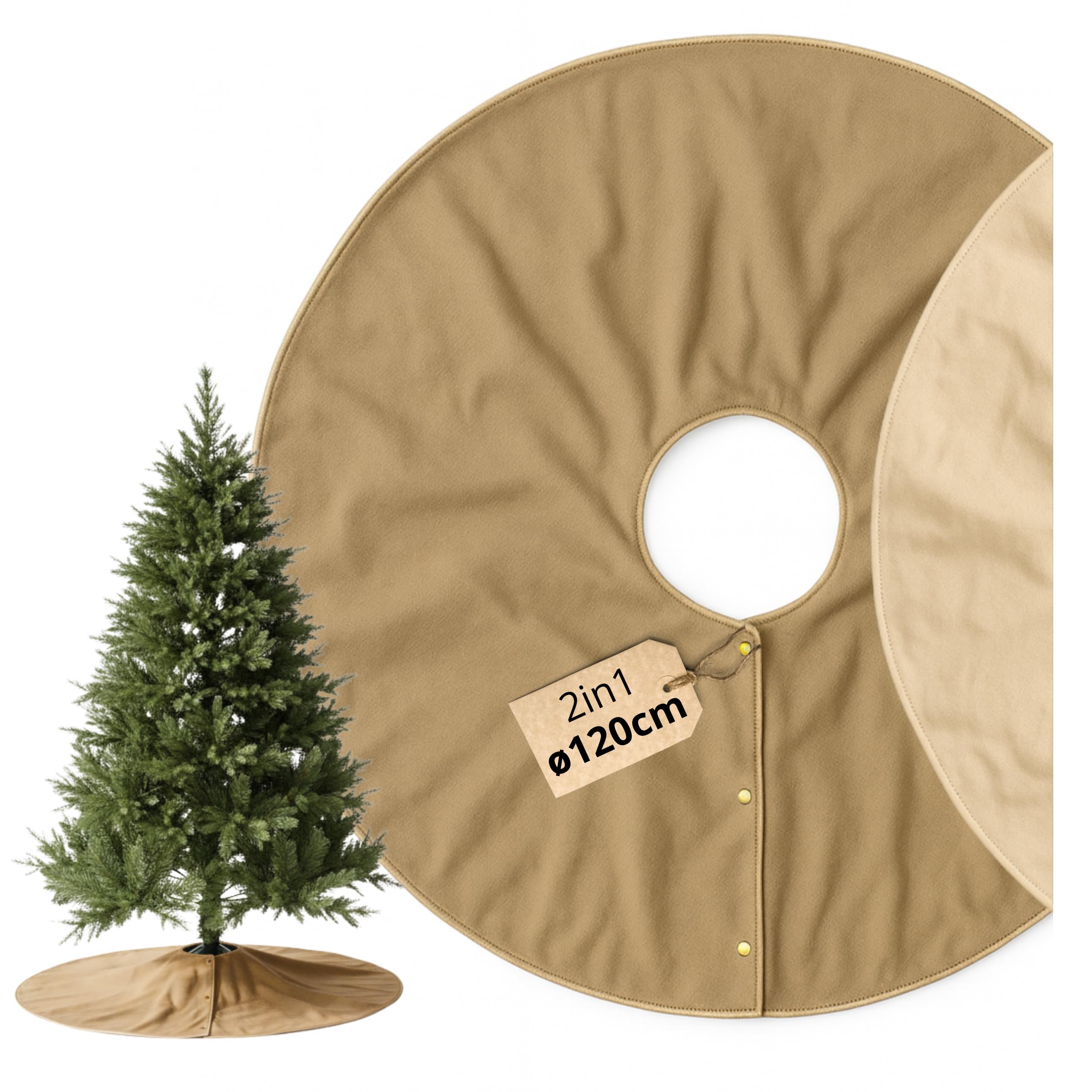 LIVLIG Jupe de Sapin Ø120 cm en Coton Beige/Brun – Tapis Rond réversible 2-en-1 avec Bord doré, Base décorative pour Pied de Sapin de Noël