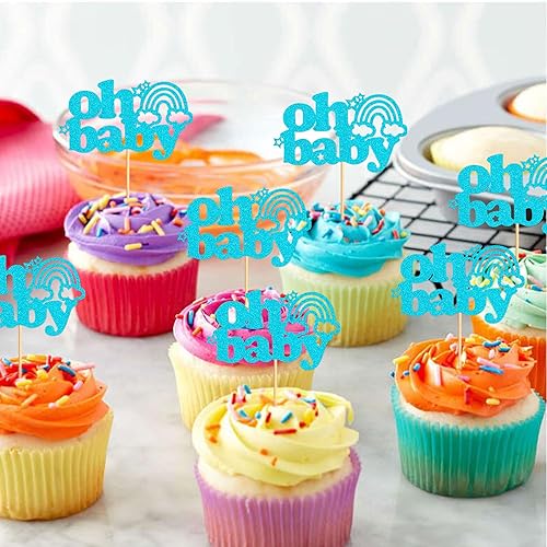 Miniatura 6 de Ercadio Paquete de 24 adornos bohemios para cupcakes con diseño de arco iris Oh Baby para cupcakes, color azul, boho, arco iris, Oh Baby para tartas
