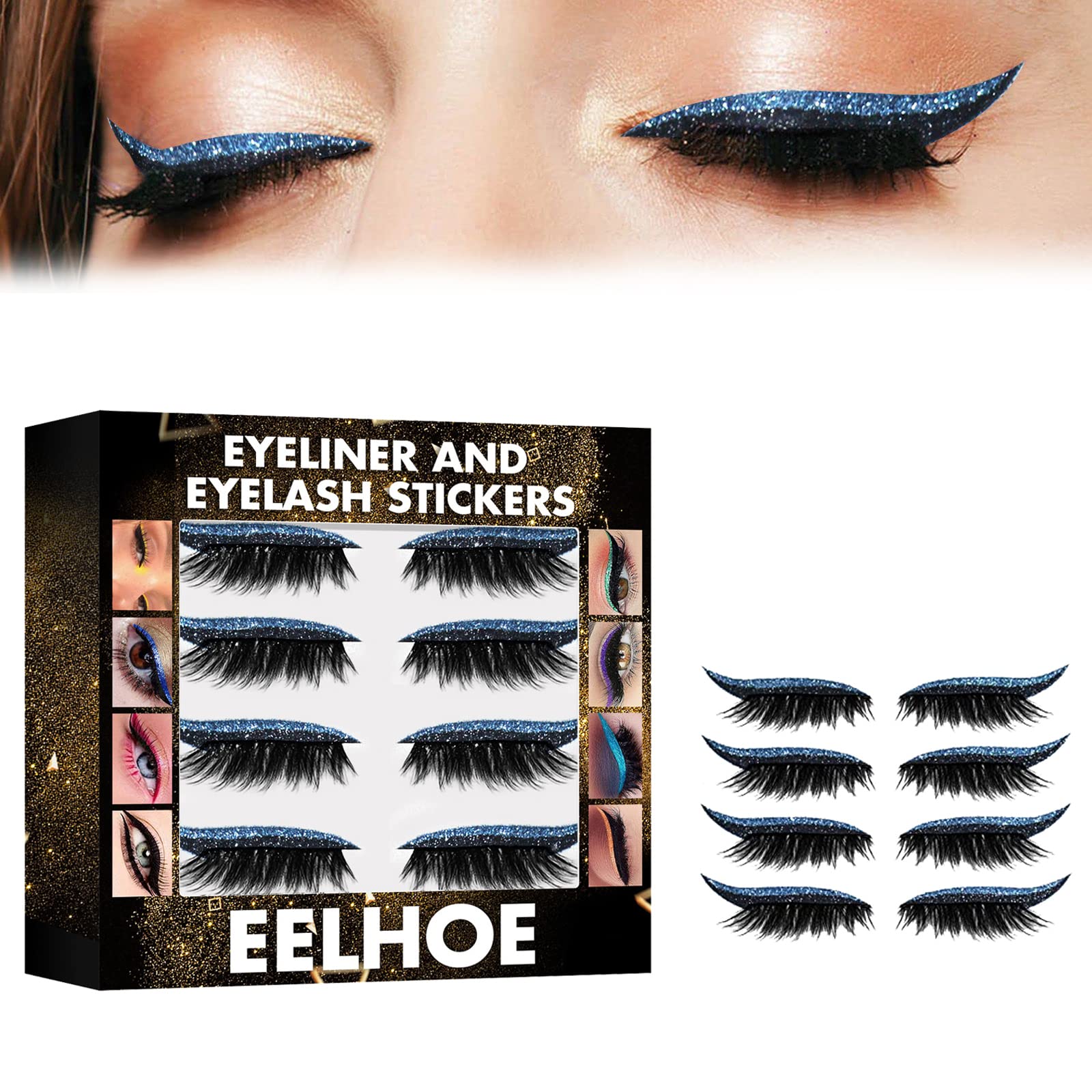4 Pares de Delineador de Ojos Reutilizable y Pegatinas, Eyeliner Eyelash Stickers, Delineador de Ojos y Tiras de Pestañas Reutilizables 2 en 1, para Extender las Ppestañas de Maquillaje, Azul