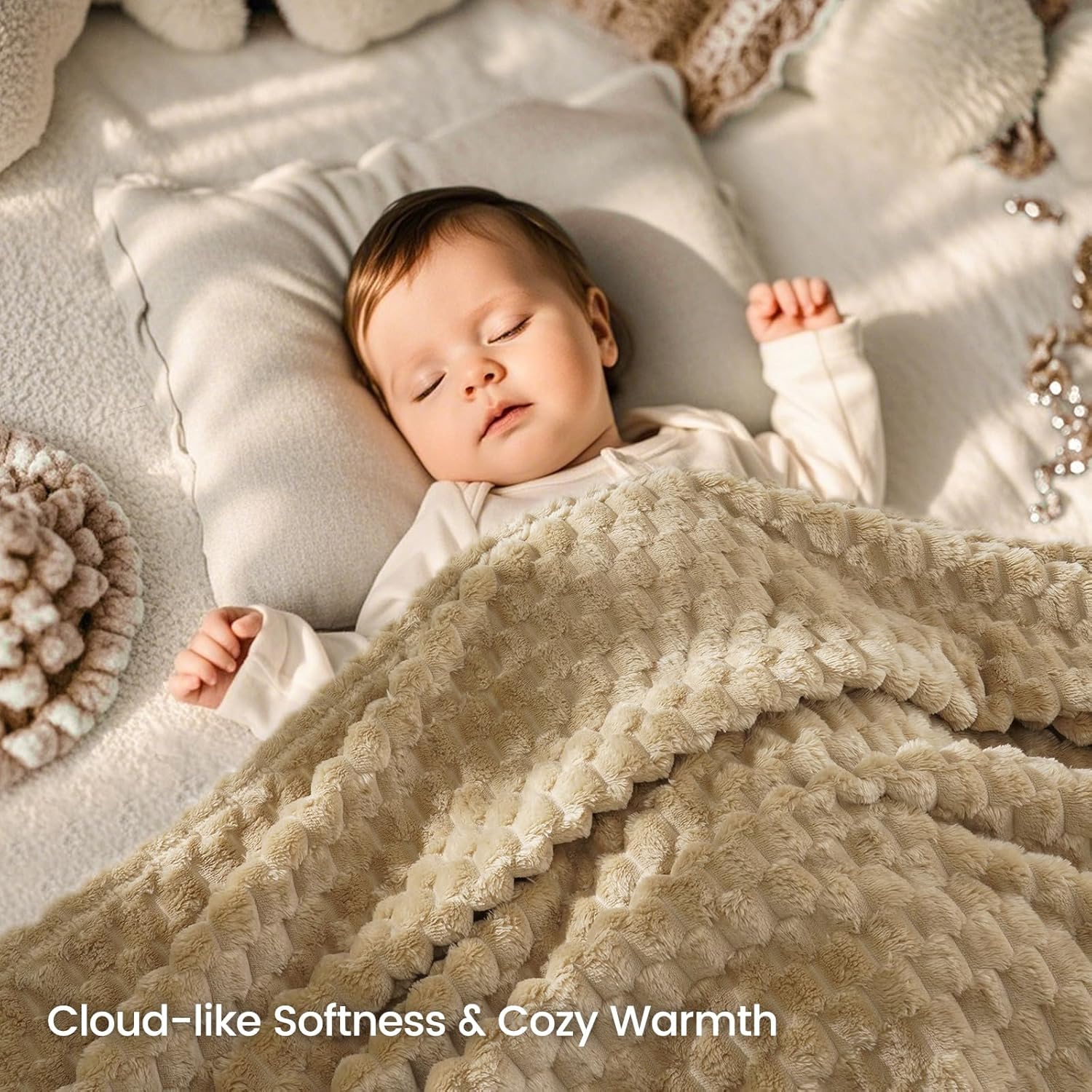 David's Home Ultra Soft Fleece Blanket King Size, Warm Lightweight 3D Jacquard Flannel Blanket for Fall Winter, Fluffy Cozy Luxury Plush Suitable for Bed Room Decor,108"x90", Light Khaki