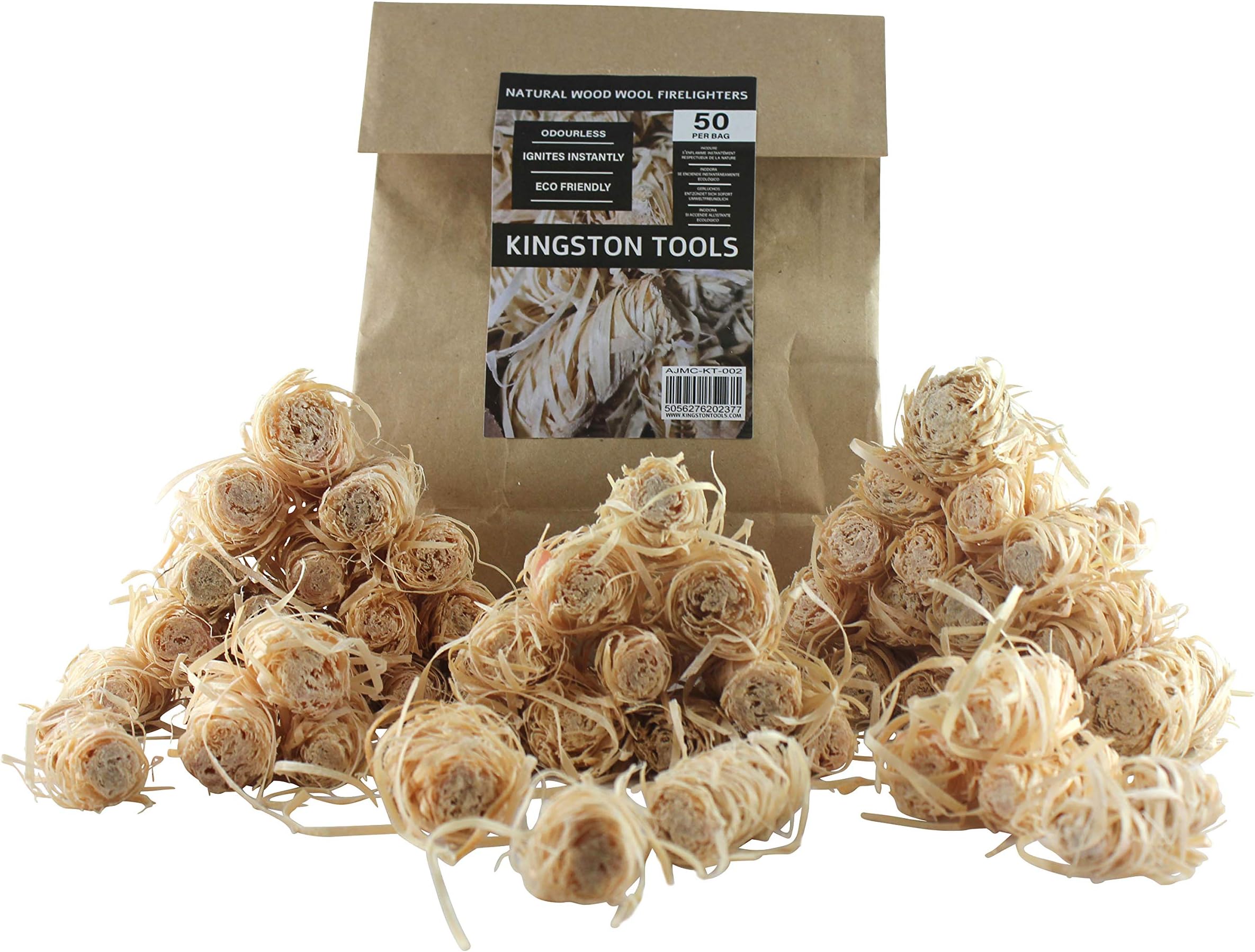 Kingston Tools Natural Wood Wool Firelighters — Flame Fire Starters for Fireplace, Campfires, Stoves, BBQ's, Pizza Ovens and Smokers — 50 Pieces
