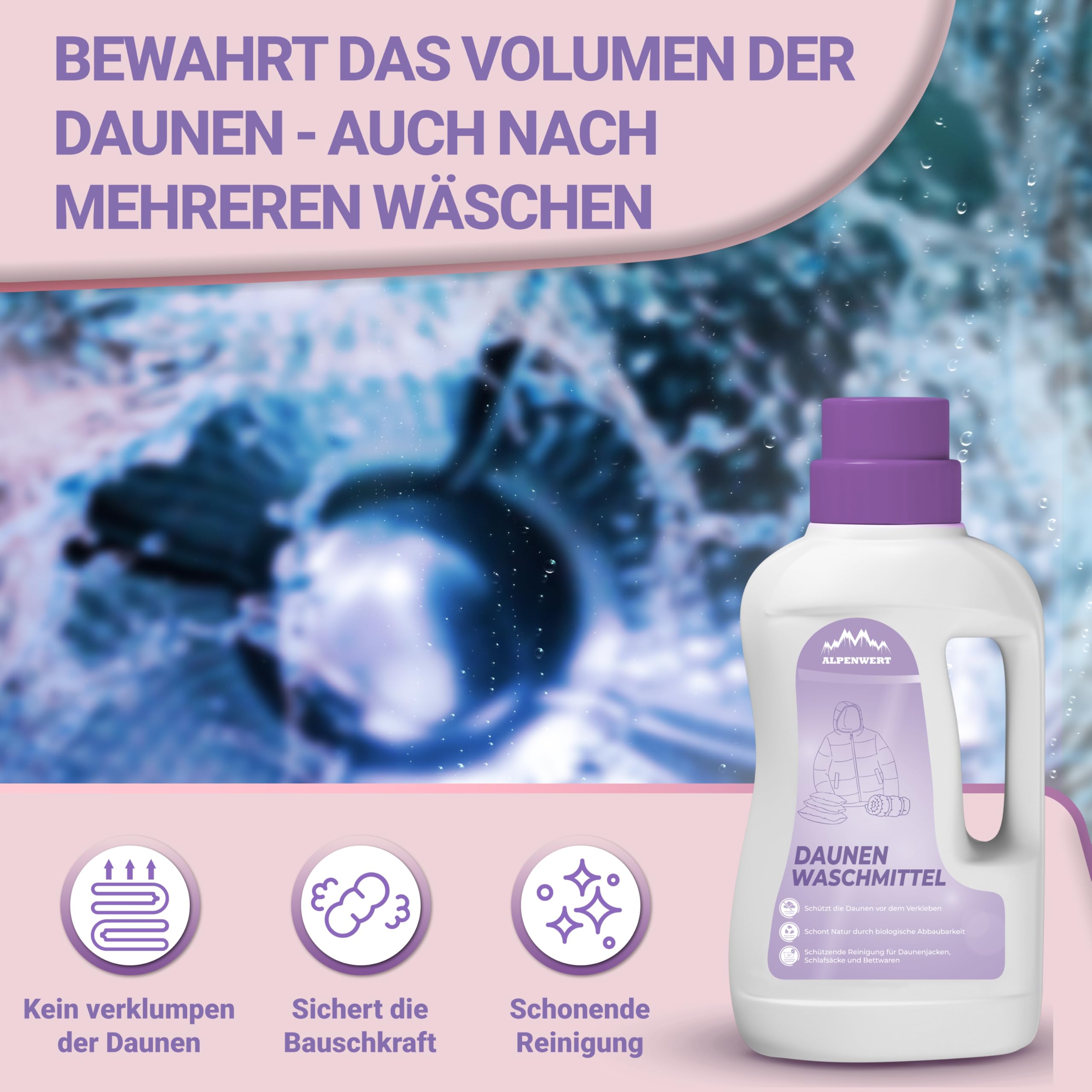 ALPENWERT Daunenwaschmittel 2x1L - Spezialwaschmittel für Daunenjacken, Bettdecken, Schlafsäcke & Kissen - sanftes Waschmittel für fasertiefe Reinigung & Pflege mit frischem Duft - Made in Germany
