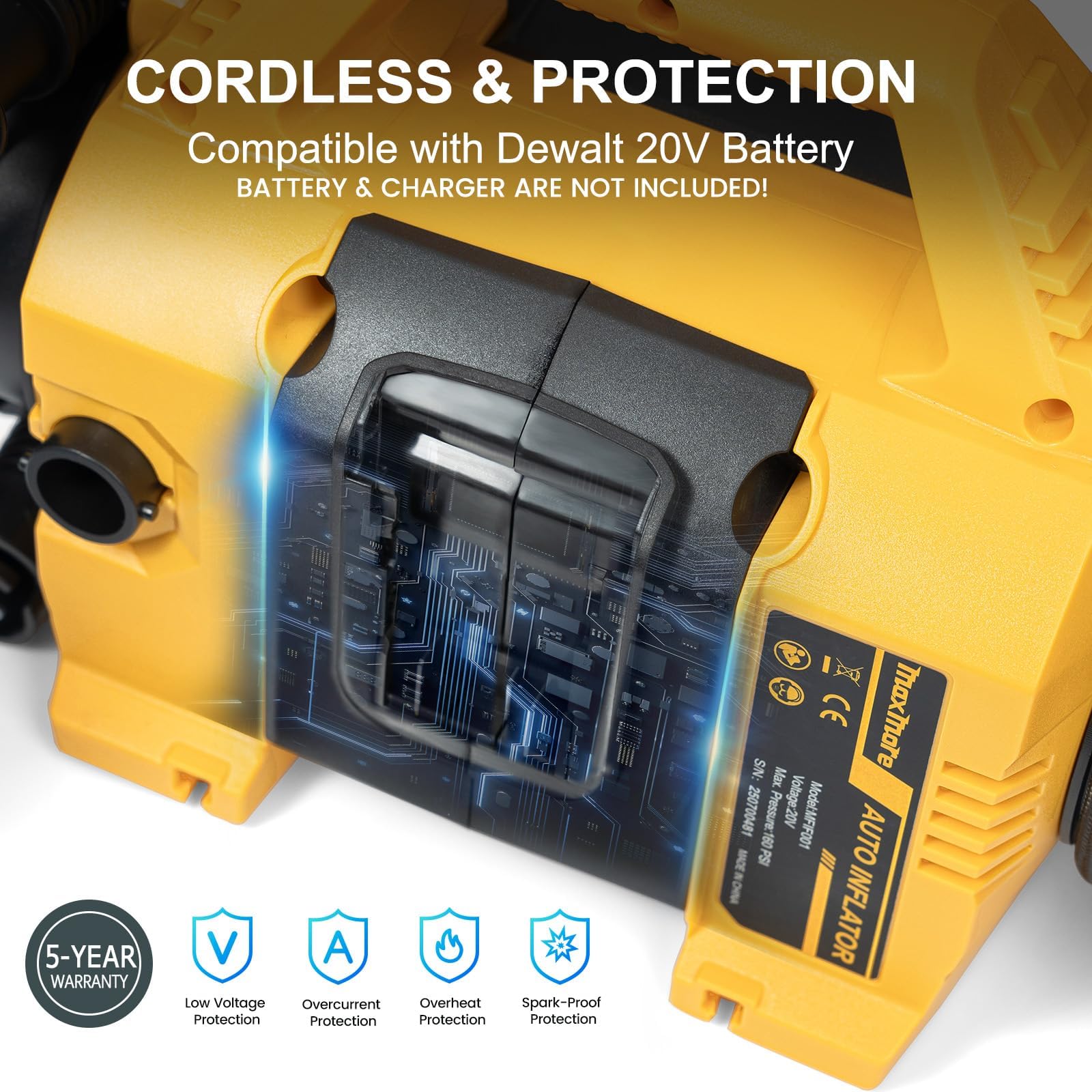 MaxMore Gonfleur de pneu portable compatible avec batterie DeWalt 20 V (outil uniquement), pompe à compresseur d'air sans fil haute pression 160 psi, jauge numérique, arrêt automatique, lumière LED
