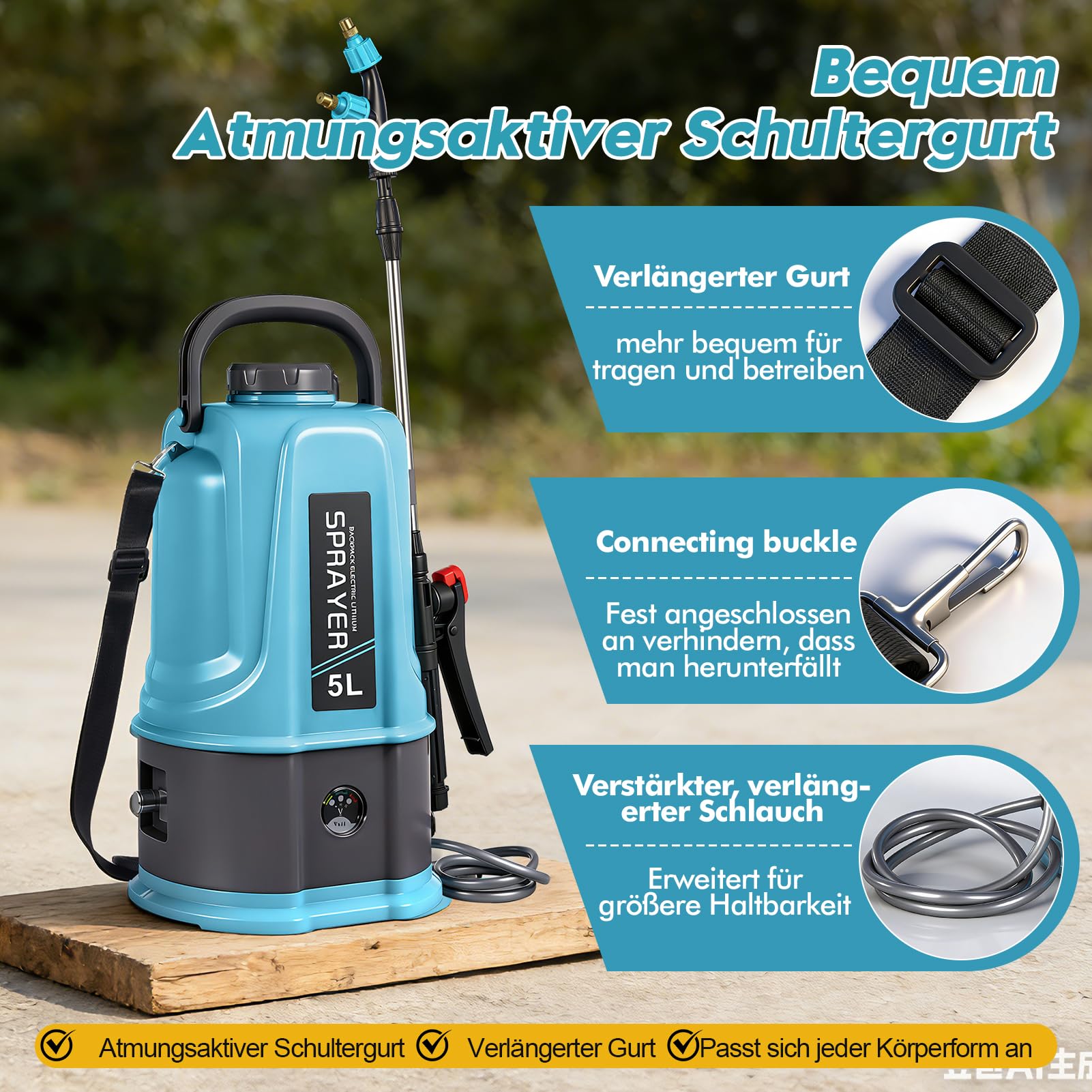 Akku Drucksprüher 5L,45PSI Rückenspritze Pflanzensprüher Kompatibel mit Makita 12V Batterien,Elektrischer Pflanzensprüher mit 4 Düsen,60cm Teleskopstab,2.0 Ah Akku,Ladegerät
