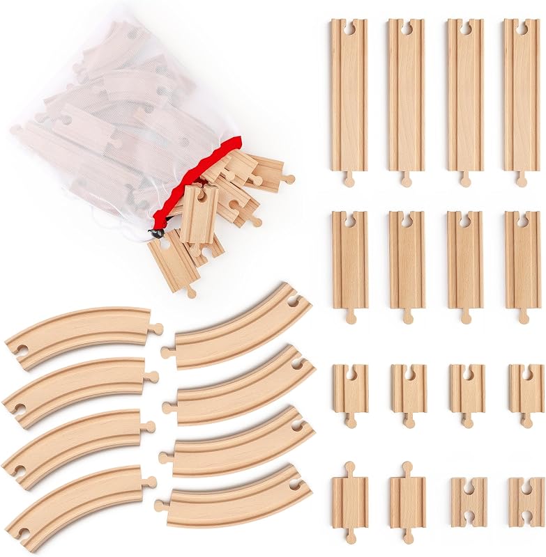 Wooden Train Tracks 24 Pcs Set - Compatible with All Major Brands | Wood Track Expansion Pack with Storage Bag, Includes Male/Female Adapters, Great Birthday Gift for Girls & Boys