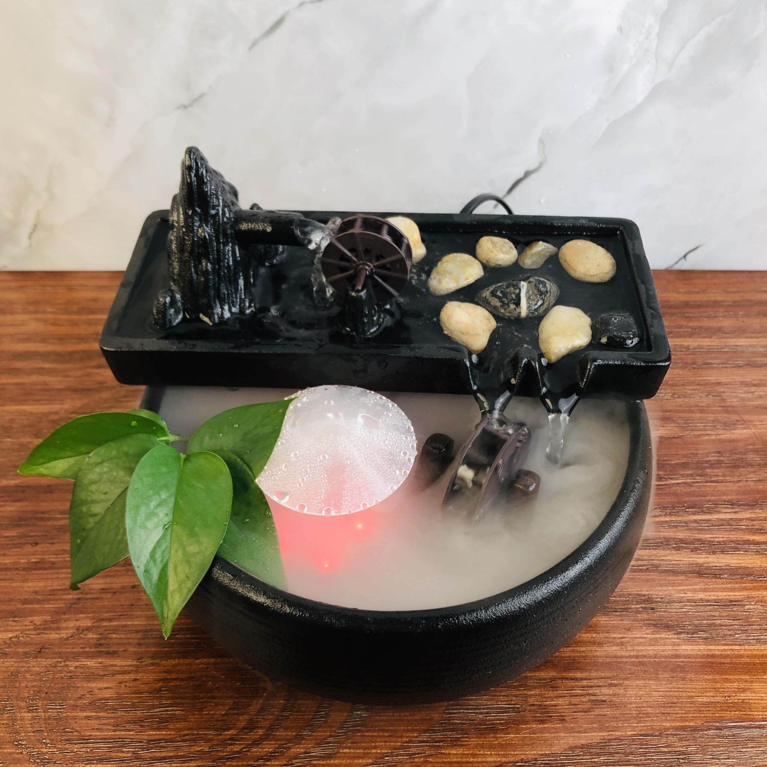 Fuente Decorativa de jardín, Fuente de Agua con Cascada, de cerámica, con iluminación LED, Efecto de Niebla, Bomba de Agua, Zen Estilo japonés, decoración para Escritorio, jardín, Negro