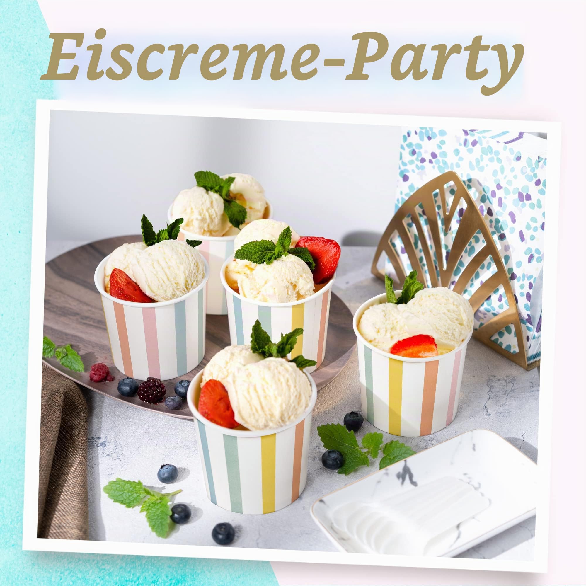 Papp-Eisbecher, 50 Stück, ca. 325 ml Einweg-Dessertschalen für heiße oder kalte Speisen, Partybecher für Eis, Frozen Yogurt, Suppe, Pastellstreifen