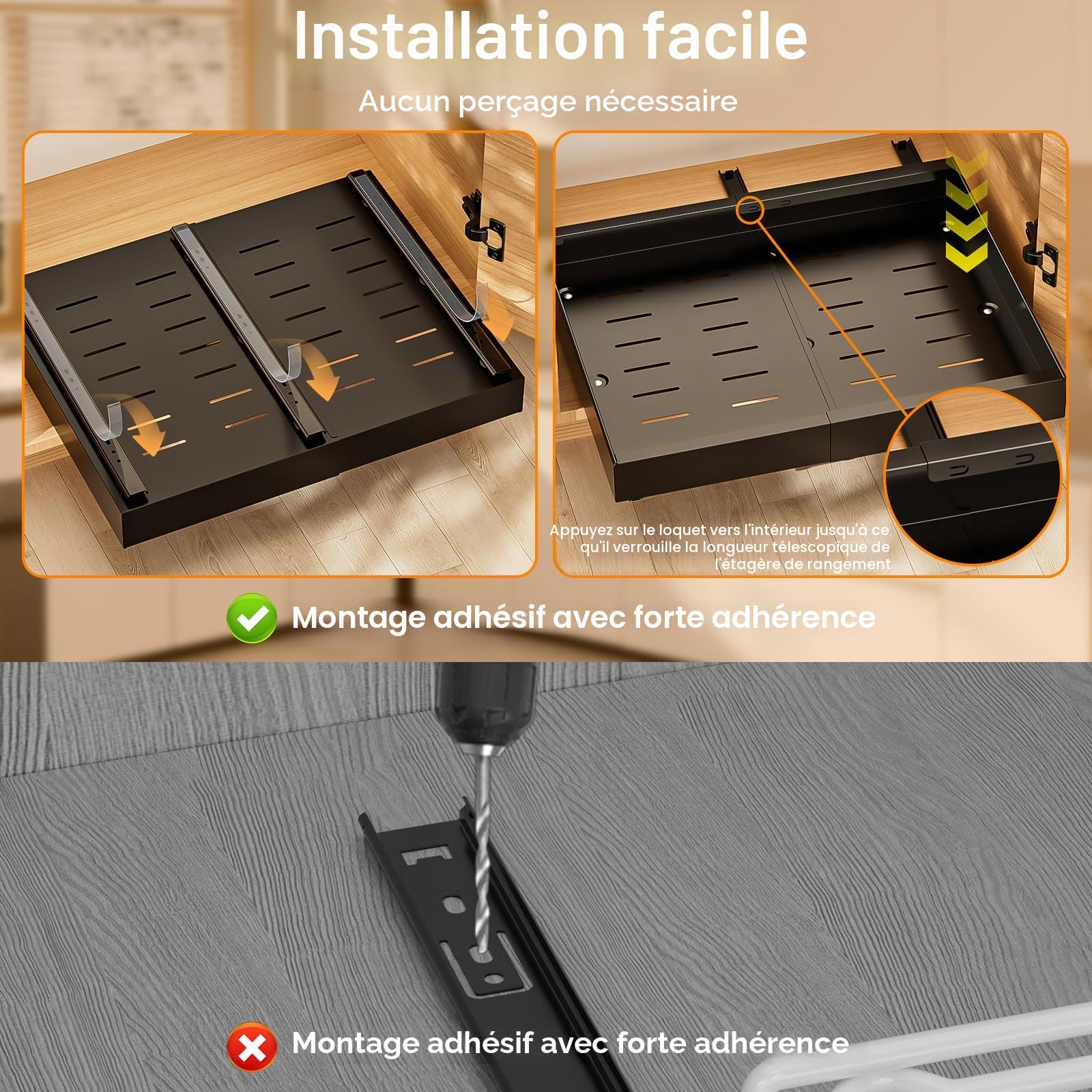 Diealles Shine Tiroir Coulissant Cuisine, Lot de 2 Largeur Réglable de 31-52CM Tiroir Coulissant Placard, Panier Coulissant pour Placard Rangement pas de Perçage Nécessaire