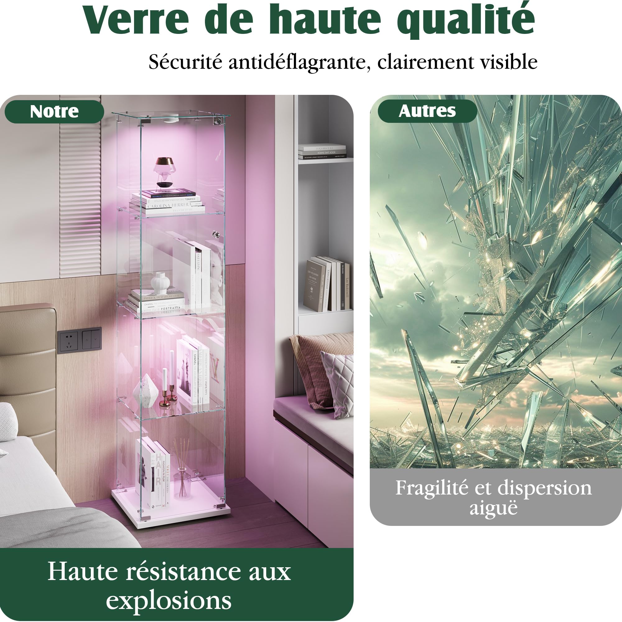 vitrina de cristal, armario de colección moderno de cristal de 4 capas, con luz LED multicolor, escaparate para manualidades, salón, libros (blanco, 1 puerta de 4 pisos)