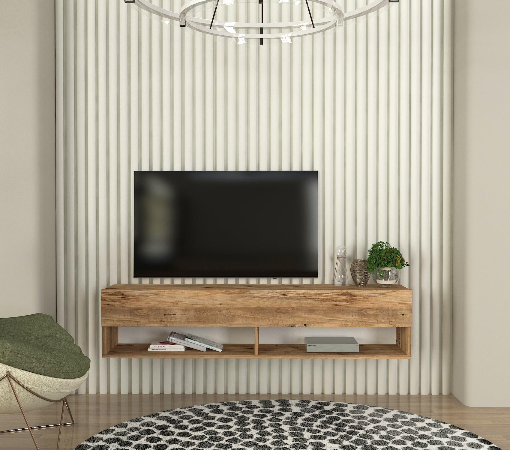 DORPEK Metropol Tv Stand Atlantic Pine 150 Cm, Wall Mounted Tv Unit with 2 Closed Shelves, Floating Media Stand 2 Open Storage Shelves, Entertainment Unit Living Room, Bedroom, Dining Room