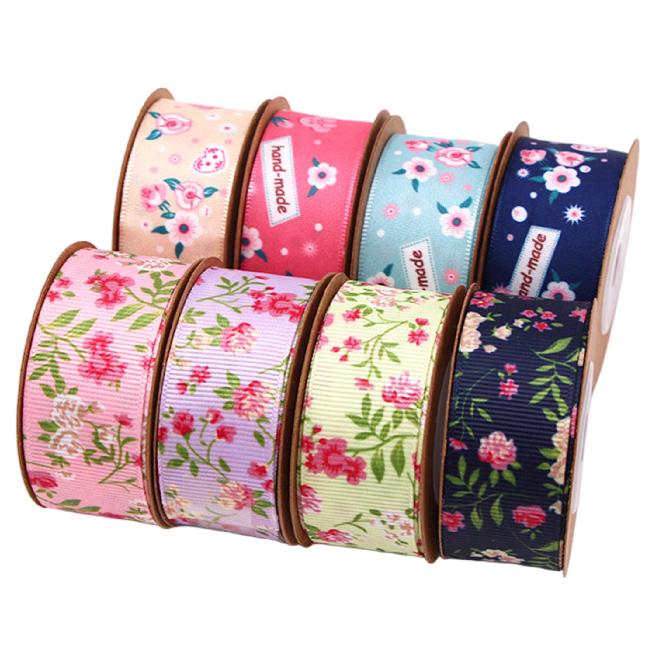 Ruban floral imprimé en polyester pour décoration et loisirs créatifs, lot de 8 rouleaux