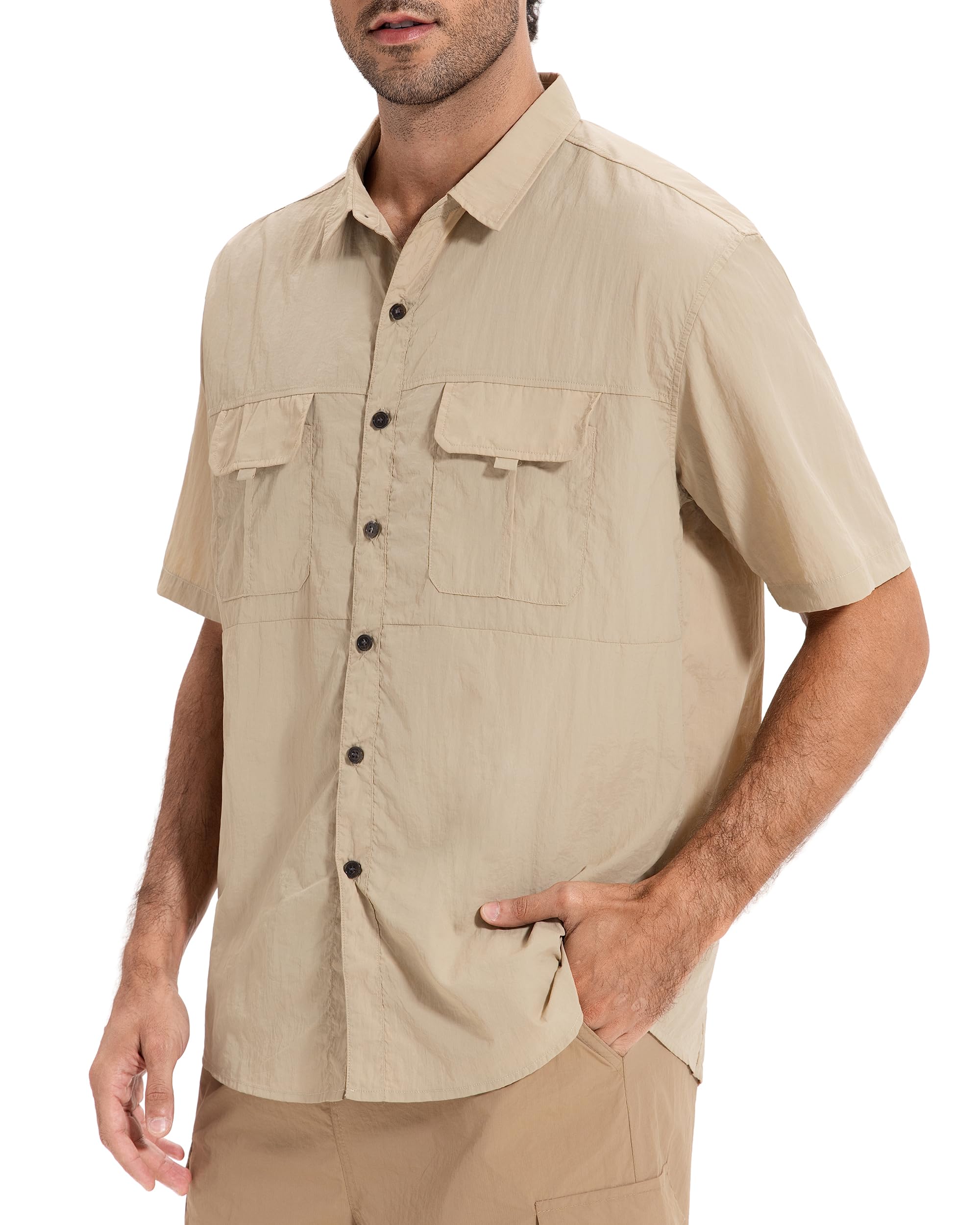 AMZSPORT Camicia da Uomo Funzionale A Maniche Traspirante con Bottoni Escursionismo Outdoor Protezione UV per Esterni, Sport, Tempo Libero, Pesca