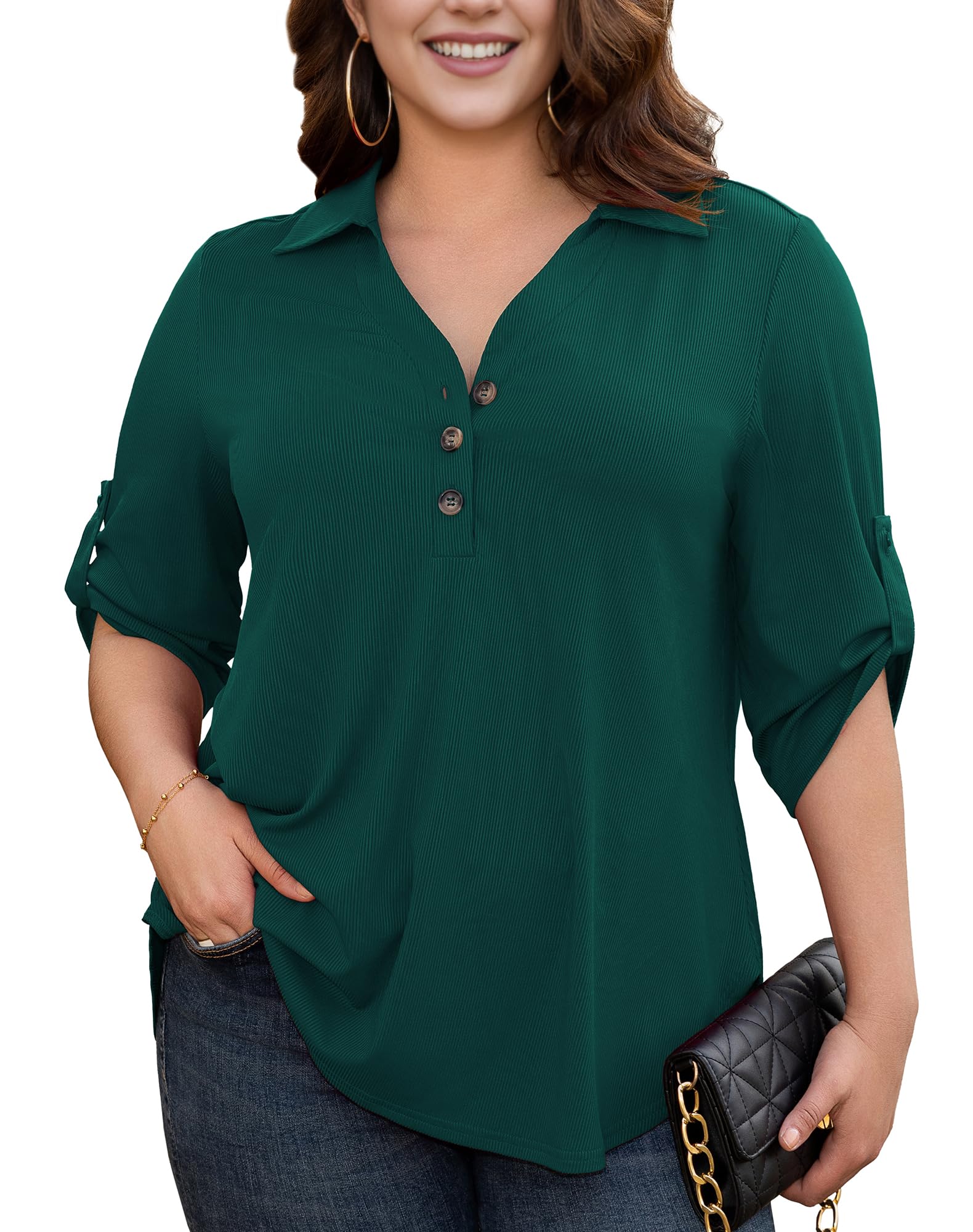 PlusashionWomen's Plus Size Casual Button Down V Neck 3/4 Roll Sleeve Blouses Relaxed Fit Tops Tunic Shirts