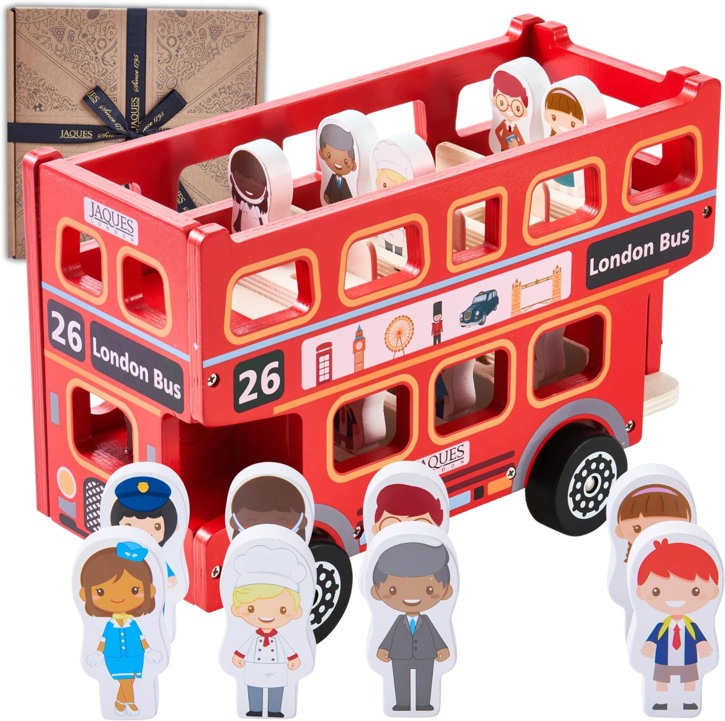 Jaques of London Bus Toy for 2 Year Olds | Red Double Decker Toy with Wheels | Perfect Wooden Toys for Toddlers | Classic Wooden Toys for Children