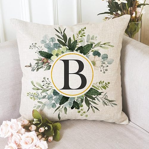 Miniatura 6 de Snycler Fundas de almohada con monograma de la letra B floral de 18 x 18 pulgadas, almohadas de primavera verdes, fundas de almohada decorativas de