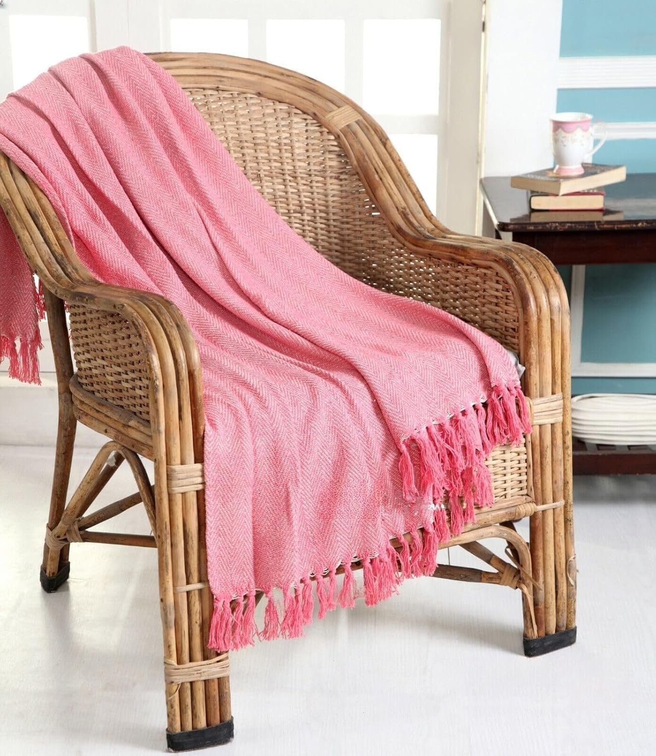 Artistic Fashionista Limited 100% Cotton HERRINGBONE Fringed Super Soft Woven Three-Seater Sofa Bed Throw Blanket Bedspread Settee Cover 90” x 100” (225cm x 254cm) (Pink)