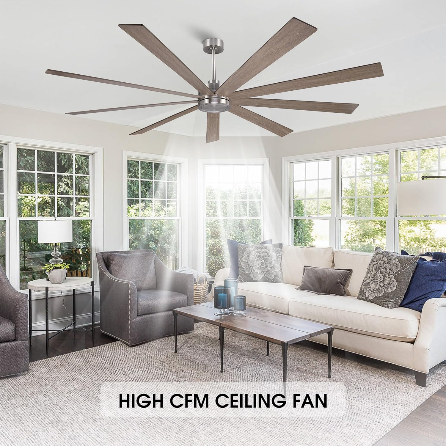 ELEHINSER 84" Ceiling Fan No Light, 6-Speed Noiseless Reversible DC Motor, 9 Blades Industrial Ceiling Fan with Remote and 4.5"/12"/24" Downrods for Home or or Commercial Use Nickel/Wood Color