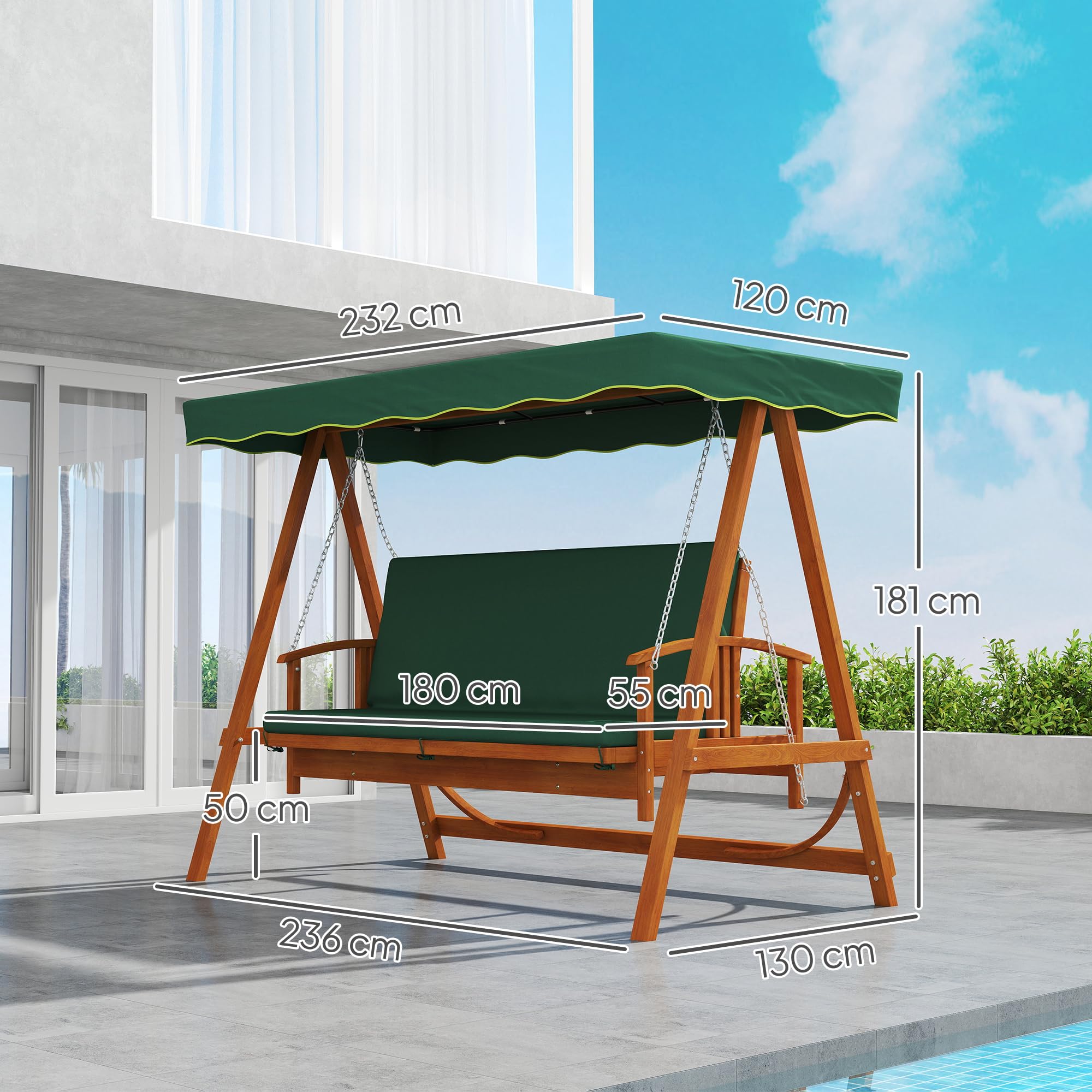 Outsunny Columpio de jardín 2 en 1 con función reclinable, columpio de madera de 3 plazas, columpio de madera con cubierta solar, banco balancín hasta 330 kg, para jardín, terraza, 236 x 130 x 181 cm