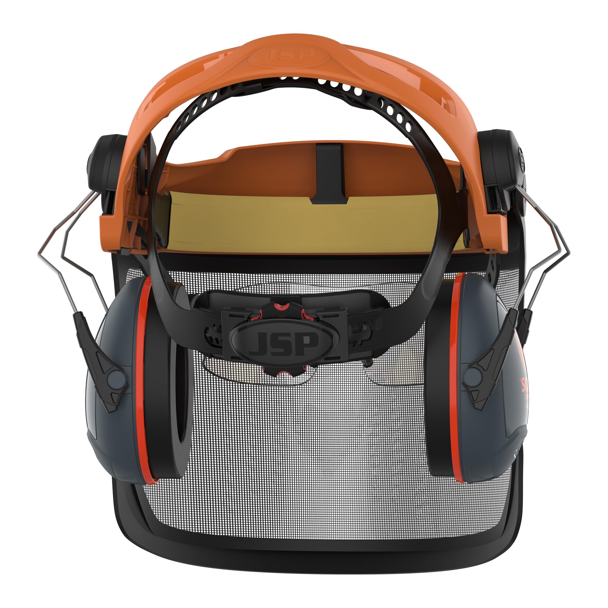 JSP EVOGuard M2 Forstschutz-Stirnhalterung mit Gittervisier, Orange | Forstschutzsystem mit Edelstahl-Gittervisier und doppeltem Augenschutz für Baumpflege und Landschaftsbau. EN 1731