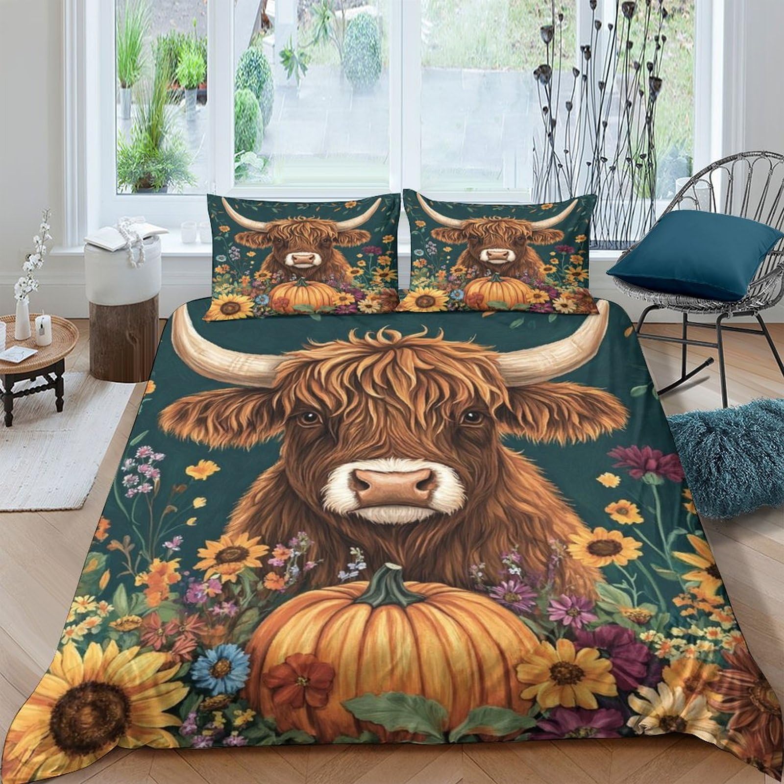 Ctjqhvkz Style-6 3D Printed Highland Cow Fitted Sheet Microfiber Autumn Floral Pumpkin Bed Cover For Bedroom Guest Room Decor Single（135X200cm）