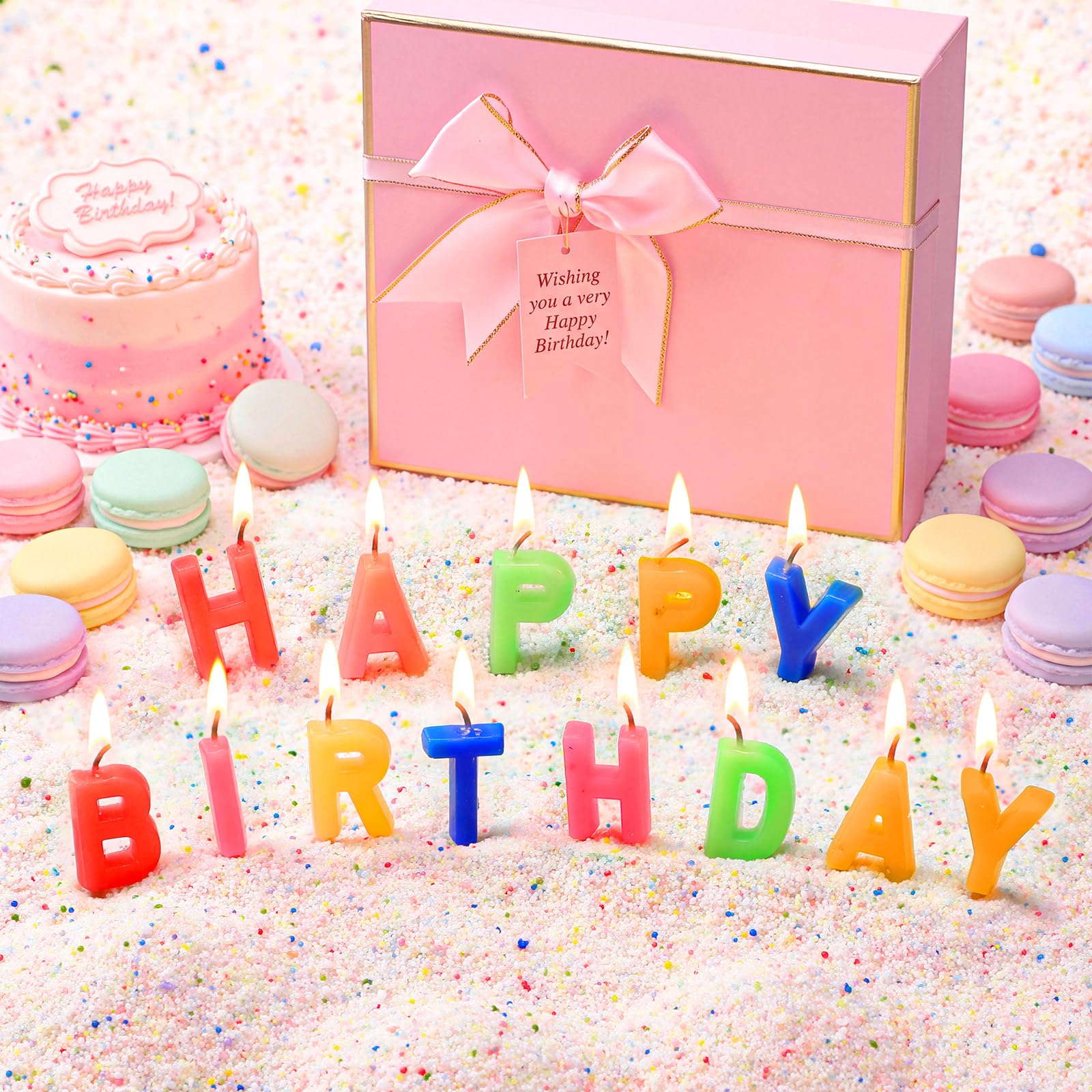 MTLEE Bougie perlée « Happy Birthday » - 1 kg - Parfum gâteau à la crème vanille - Kit de bougies parfumées au sable - Comprend 50 mèches - Boîte cadeau - Cuillère de cire perlée réutilisable pour