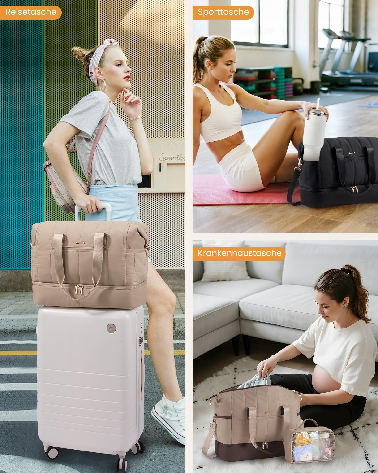 LOVEVOOK Reisetasche Damen, Weekender Tasche, Große Handgepäck Reisetaschen | Puffer Kliniktasche Geburt mit Schuhfach & Nassfach, Sporttasche, Travel Bag für Reisen, Urlaub, Wochenende, Fitnessstudio