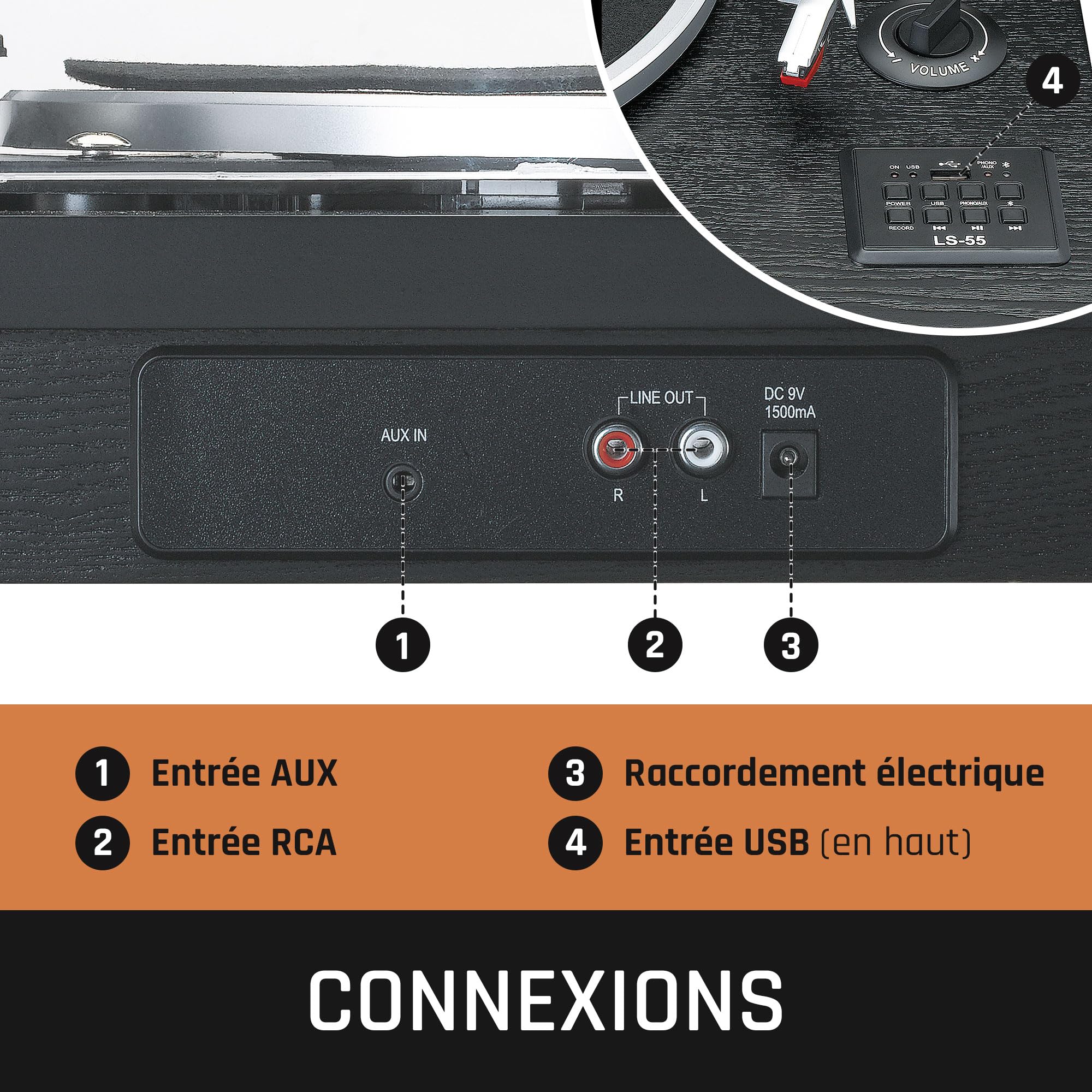 Lenco LS-55 Platine Vinyle, Tourne Disque Vinyle, Bluetooth - avec haut-parleurs intégrés - Encodage direct MP3 sur support de stockage - 2 x 5 Watt RMS - Entrée USB - AUX - Marron