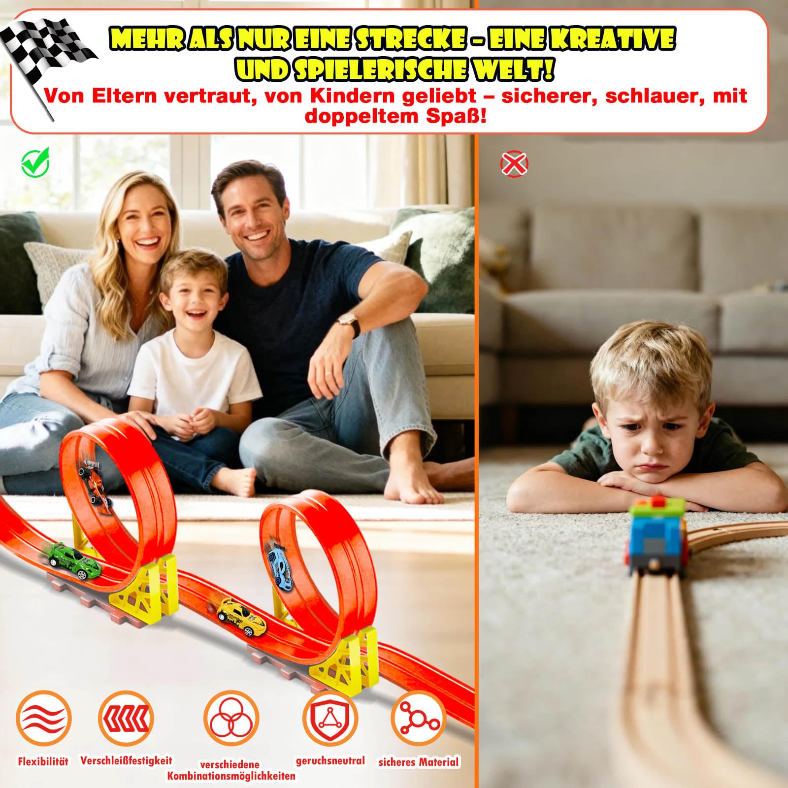 Rennbahn Kinder 5M, Autorennbahn Flexible mit 6 Autos, Rennstrecke Auto Autobahn Kinder Rollt Auf Dual Rennbahn Rampen, Autorennbahn Race Car Track für 1/64th Autos, Geschenk ab 3+ Jahr(Orange)