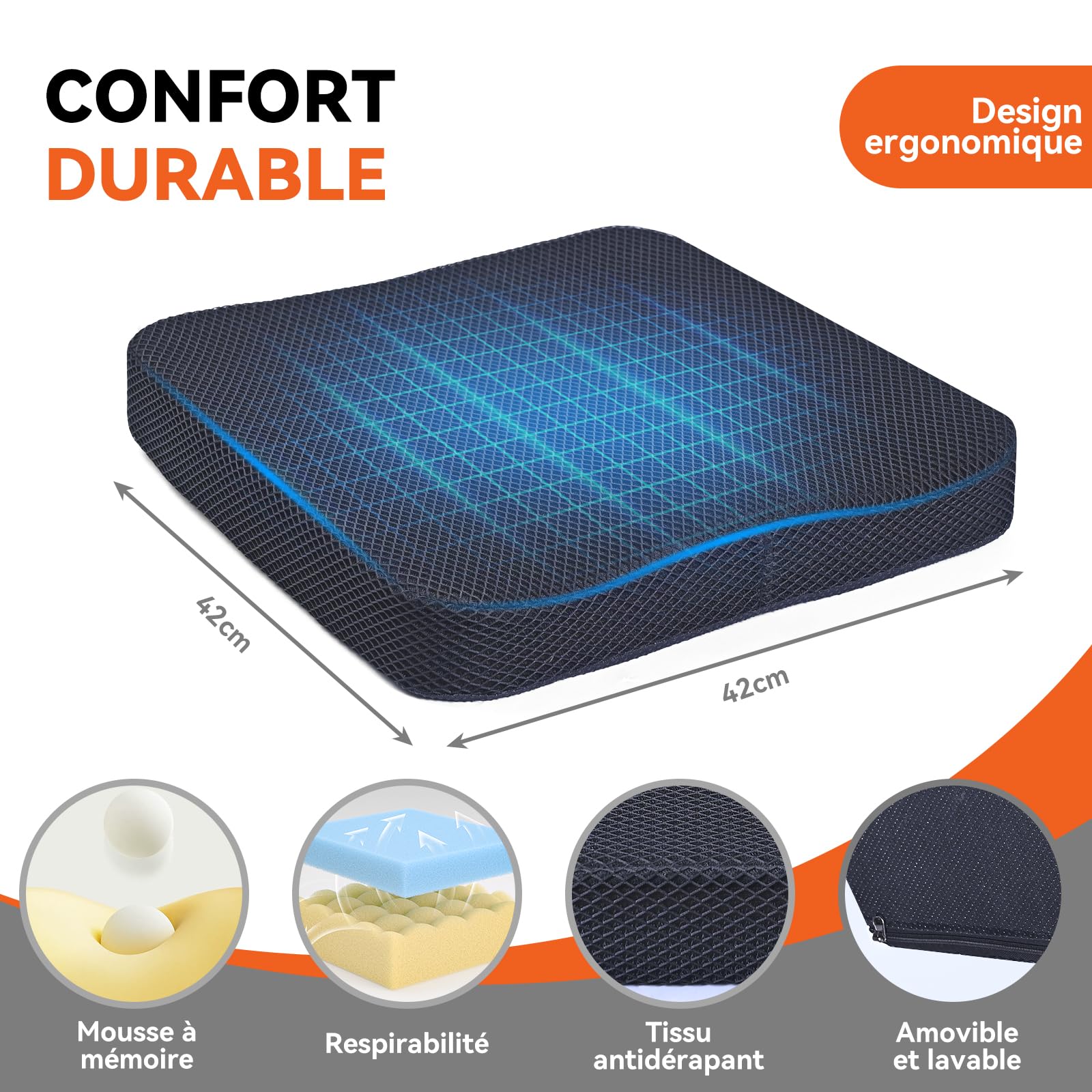 Mobility Antidekubitus Sitzkissen Rollstuhl 42x42x6.5 cm, Orthopädisches Kissen Memory Foam, Rollstuhlkissen gegen Dekubitus, Druckentlastendes Sitzkissen, Schwarz
