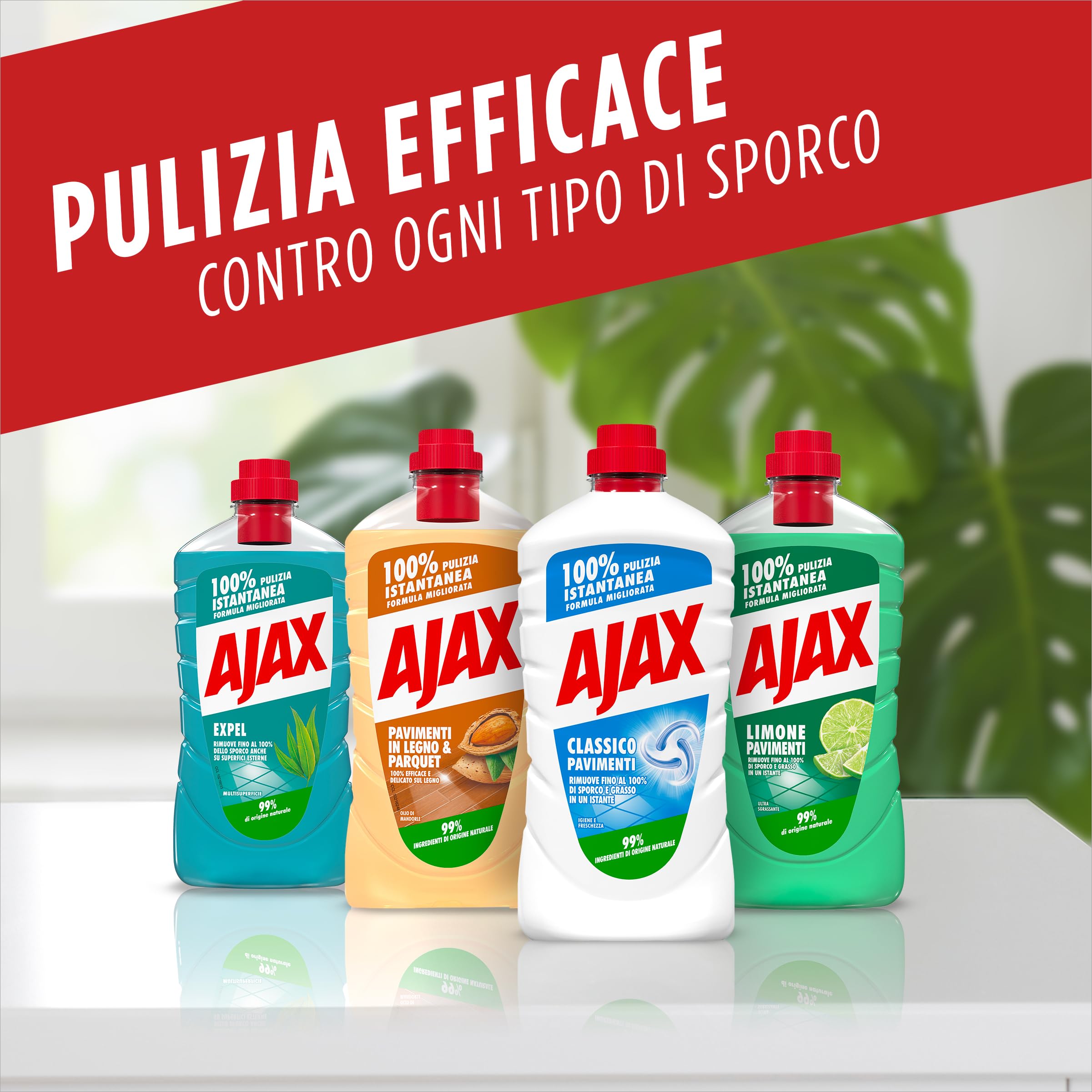 Ajax detersivo pavimenti Expel multisuperficie 12x950ml I 99% di ingredienti di origine naturale I non solo per la casa ma anche per le superfici Esterne I 100% forza pulente senza risciacquo
