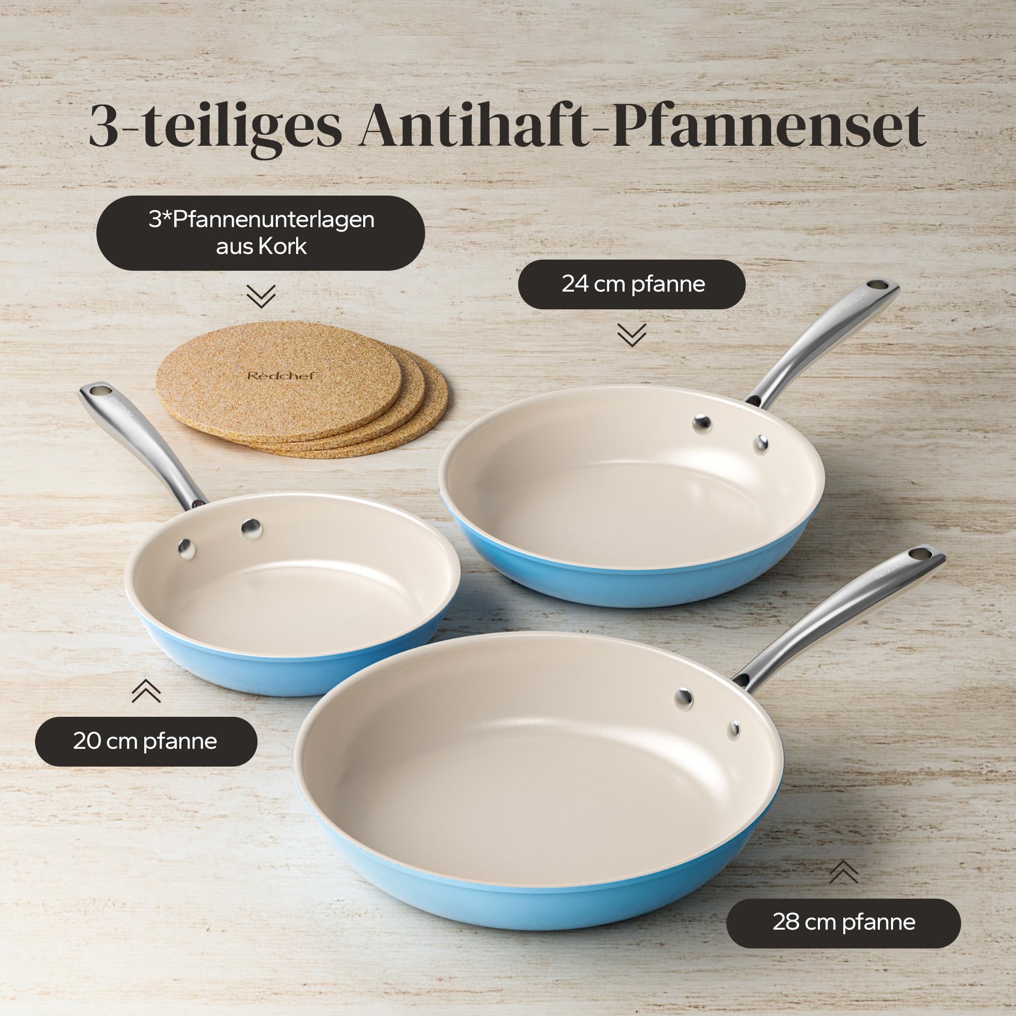 Redchef Set di pentole in ceramica, a induzione, 6 pezzi, rivestimento antiaderente, 20/24/28 cm, per tutte le fonti di calore, senza PTFE, senza PFAS, senza PFOA, adatto per induzione, utilizzabile