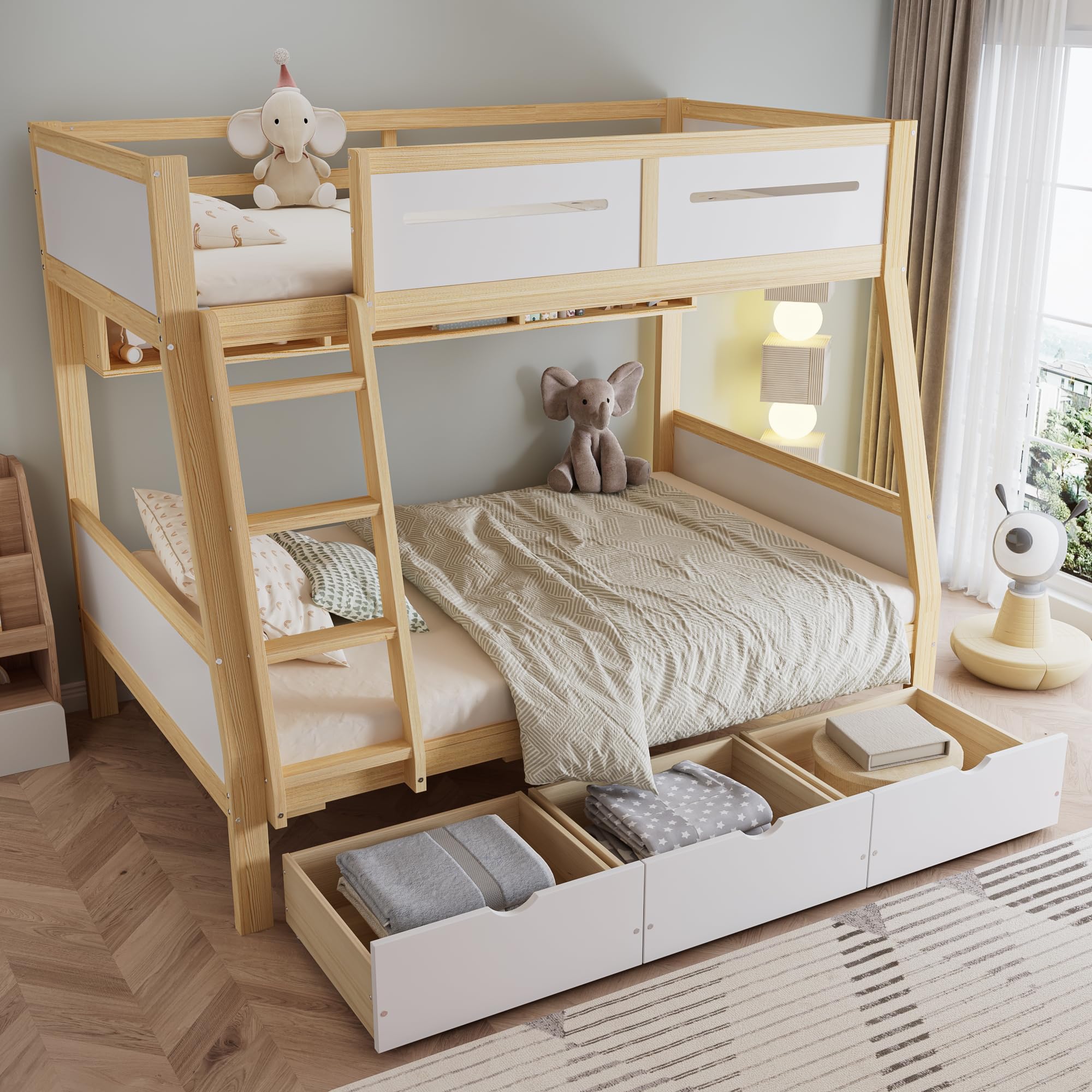 Lettino a castello, 90 x 200 cm e 120 x 200 cm, tre cassetti con ruote, 2 m, recinzione sicura su quattro lati e scala a pioli, pino + MDF + compensato, bianco e naturale