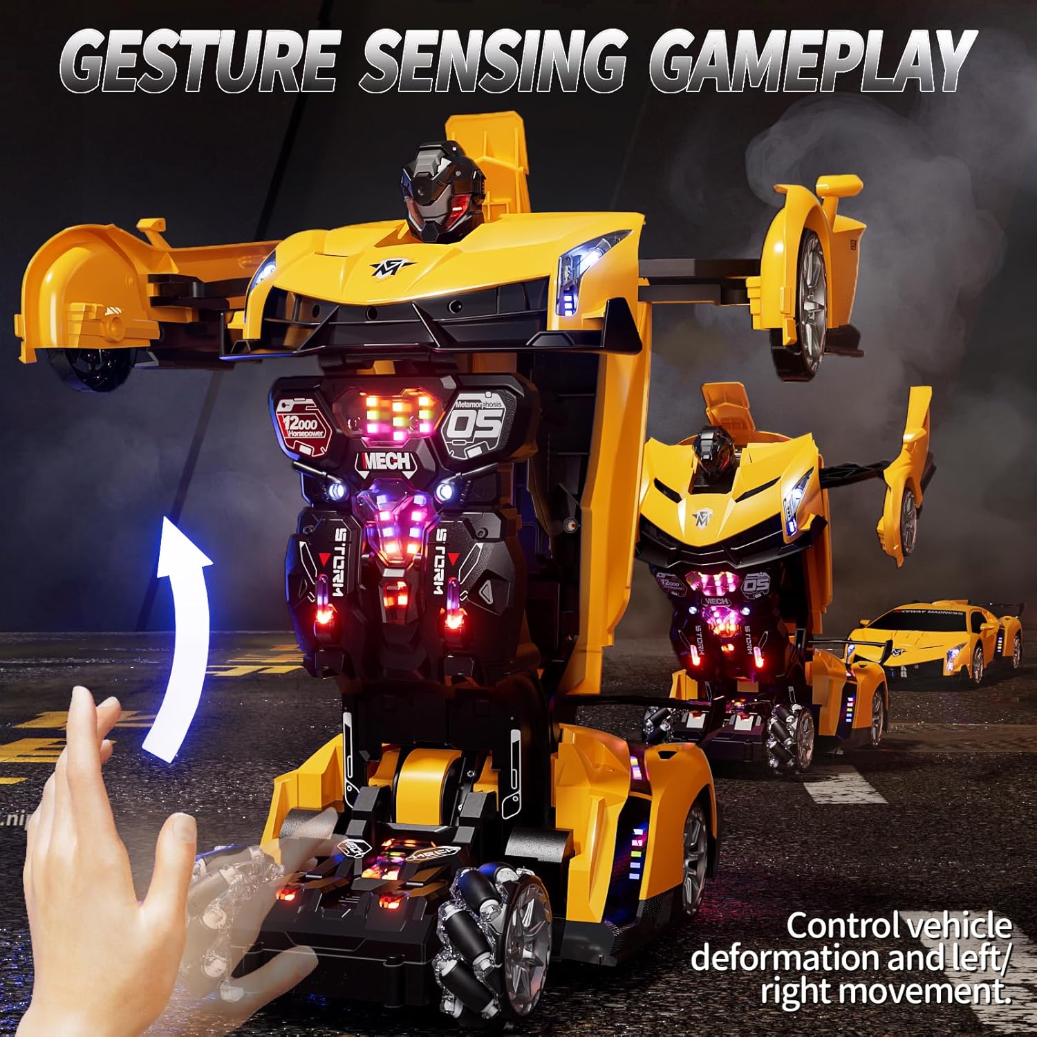 1:10 Big Size Transform RC Car, Gesture Sensing Transformation 2.4GHz Remote Control Car, One Button Deformation to Robot with LED Lights, Transforming Toy Cars Gift for Kids Age 8-12 Years Old Boys - Image 7