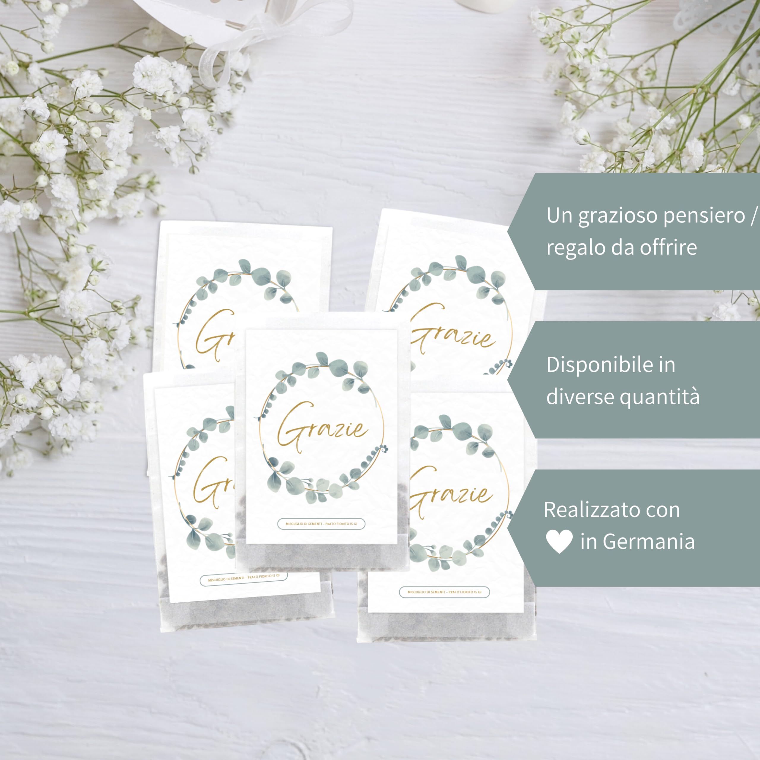 Semi di Fiori "Grazie" | Idee Regalo e Pensierino Originale | Piccolo Regalo per Colleghi, Maestre e Ospiti | Bomboniere Compleanno Bambini | Segnaposto Comunione (20 pezzi - Grazie "Eucalipto")