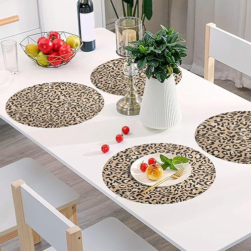 Miniatura 6 de Juego de 4 manteles individuales redondos con estampado de leopardo, antideslizantes, resistentes al calor, para mesa de madera para cocina, color