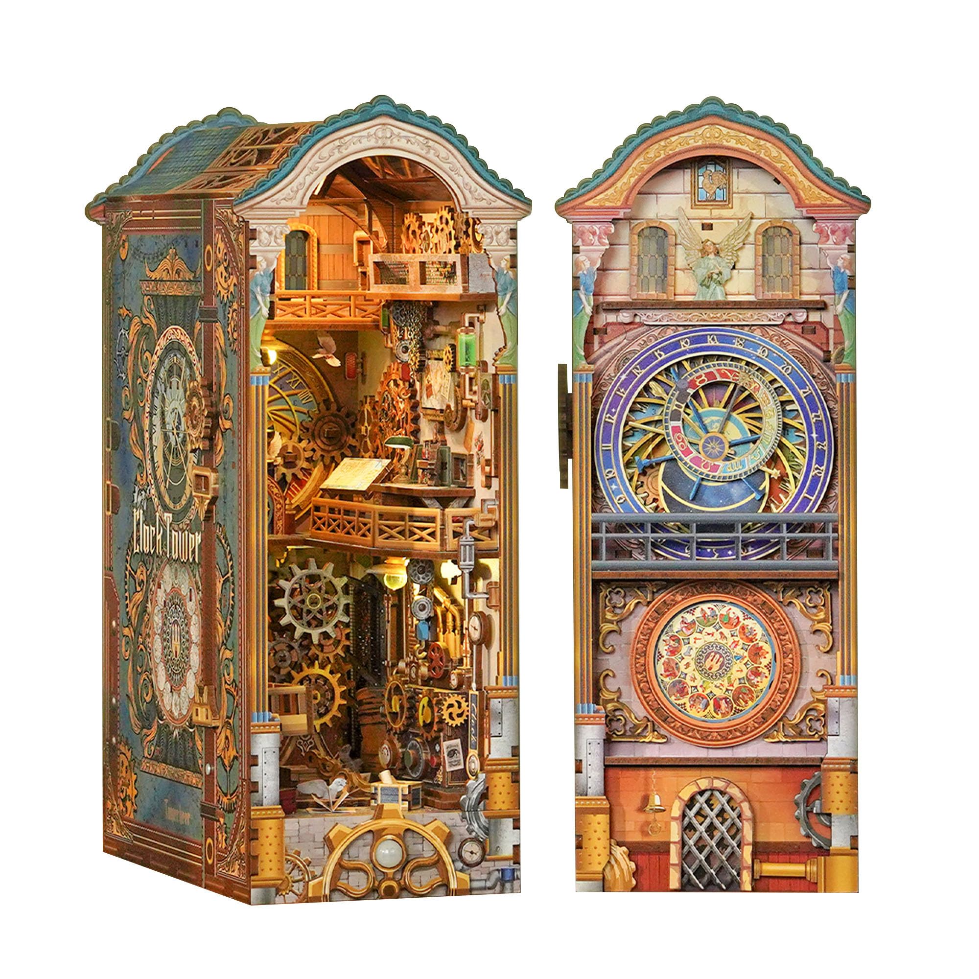 Tonecheer Book Nook Kit con protezione antipolvere e luce LED, Torre dell'orologio 3D puzzle fermalibri in legno, parti mobili e rotanti, fermalibri creativi per biblioteca, set fai da te per adulti
