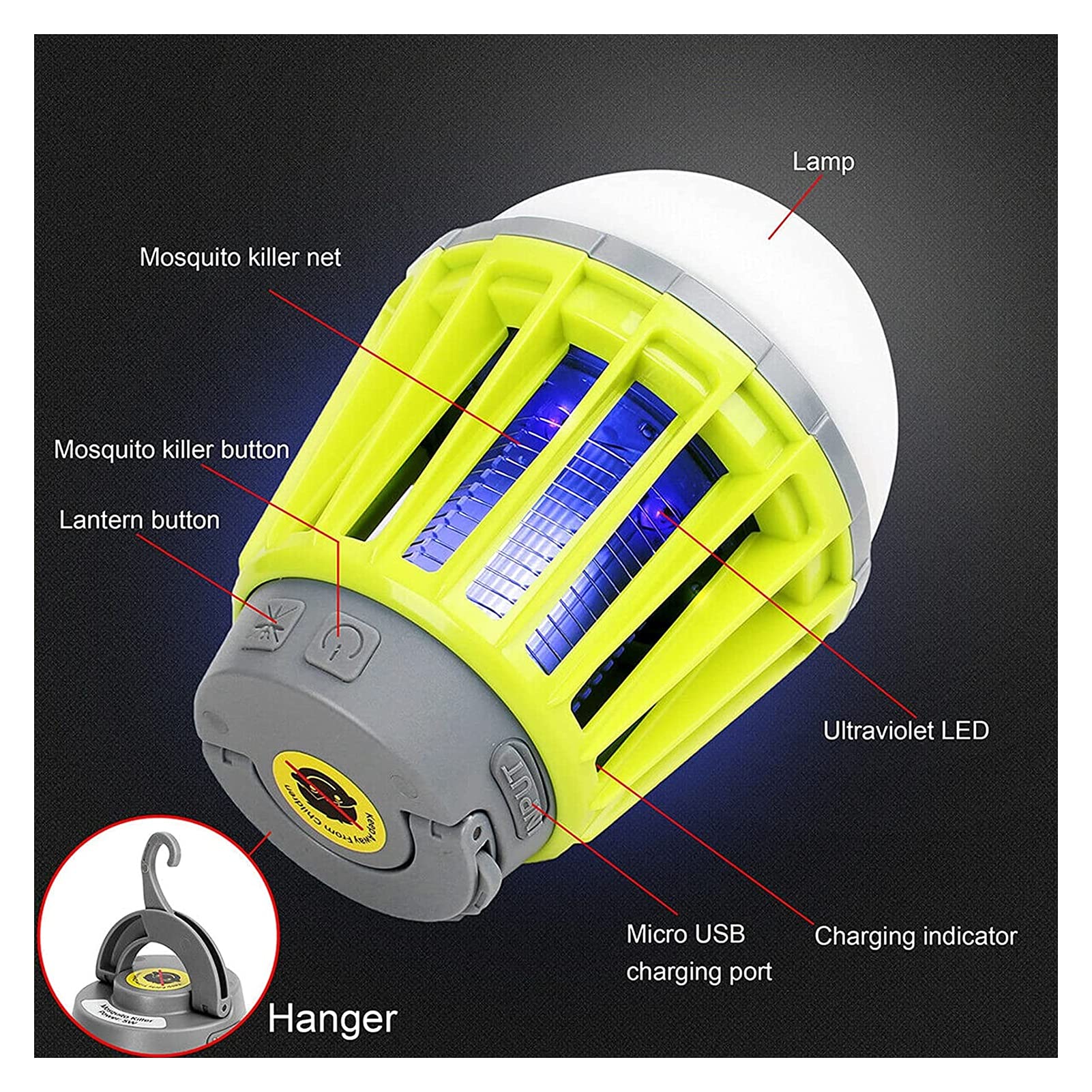 Lampada elettrica per zapper antizanzare Assassino per zanzare elettrico ricaricabile tramite USB Portatile con gancio può essere appeso per tenda da campeggio per interni ed esterni Repellente per in