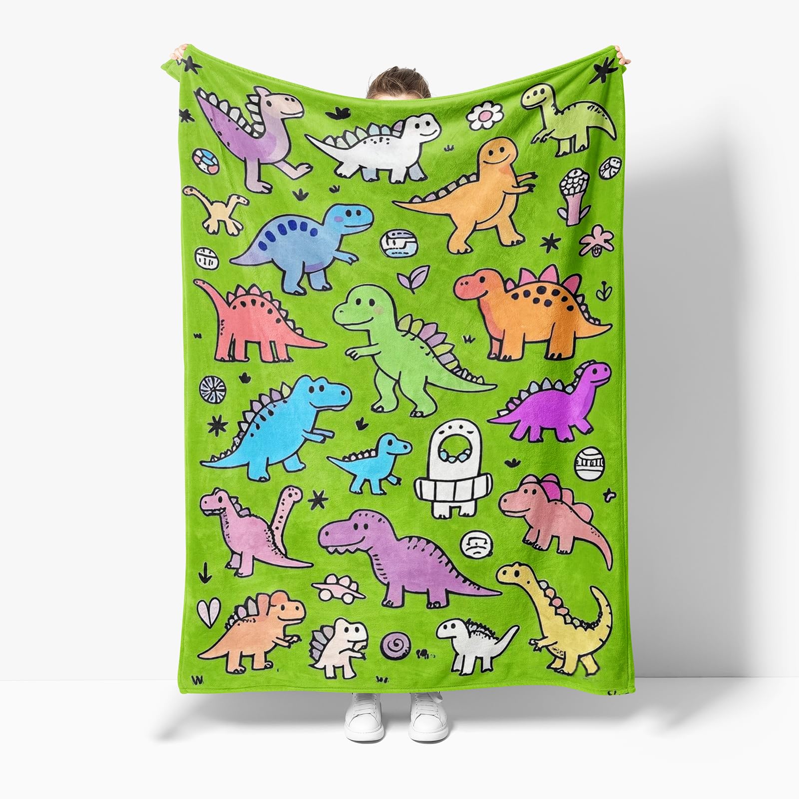 Ropa de cama de 100 % poliéster, manta de franela de dinosaurios, suave, color verde, manta para regalos para familia y niños, 100 x 150 cm