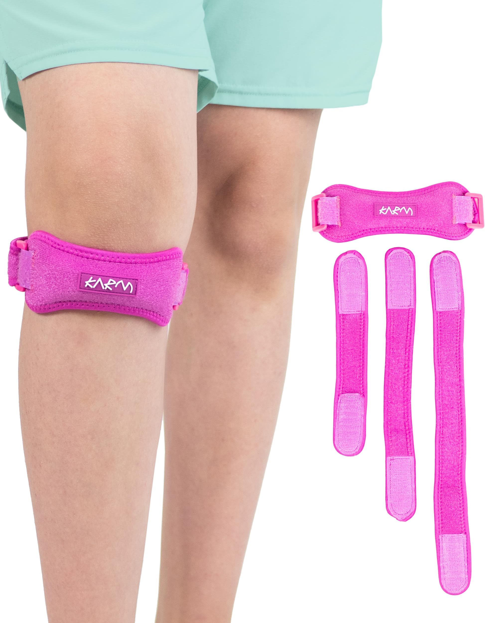 KARM Kids Knee Brace Strap - Osgood Schlatter Knee Brace Youth for Kids, Child - Patellar Tendon Support Patella Band for Pain, Sports, Basketball with 3 Length Adjustable Straps (Single, Pink)